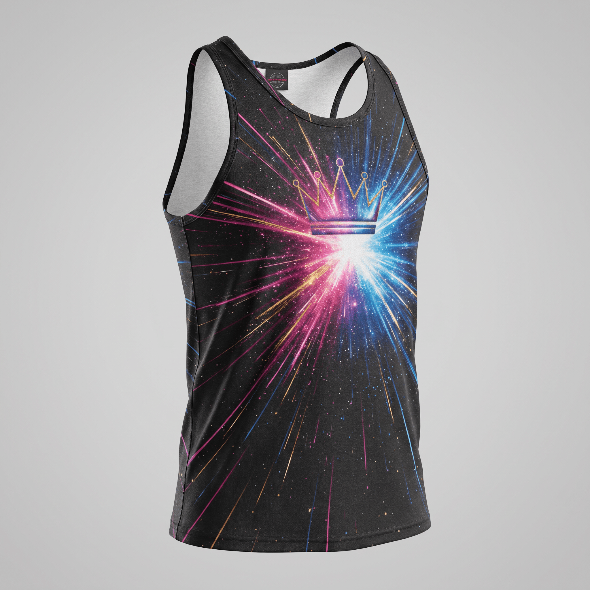 Black tank top featuring a vibrant pink and blue starburst graphic with a gold crown centered on the chest.