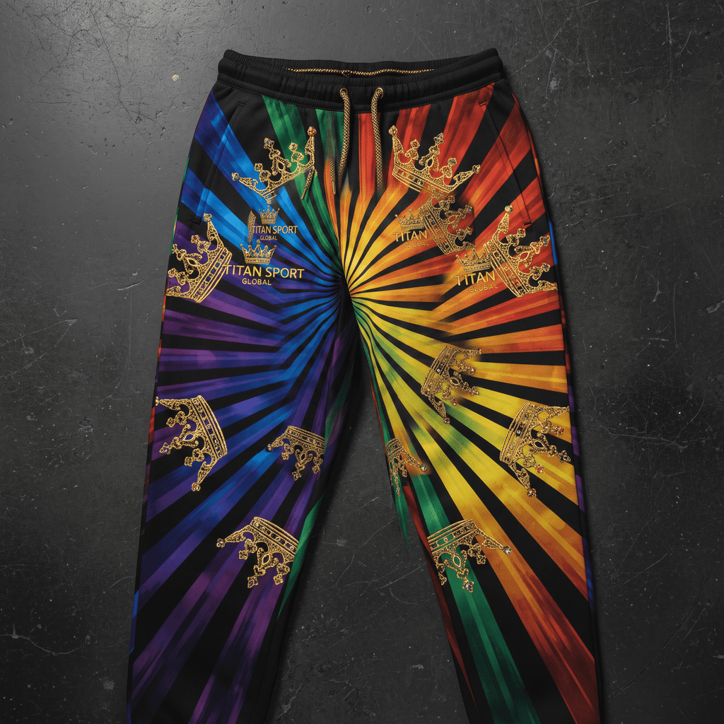 Titan Sport Global sweatpants featuring a rainbow sunburst print with gold crowns and black waistband.
