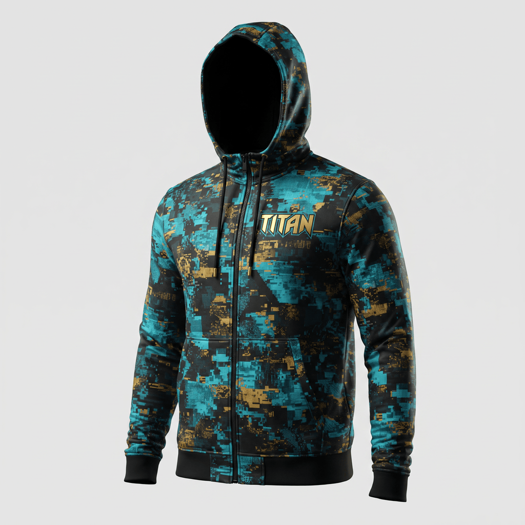 Black, teal, and gold digital camo zip-up hoodie featuring the Titan logo on the chest.