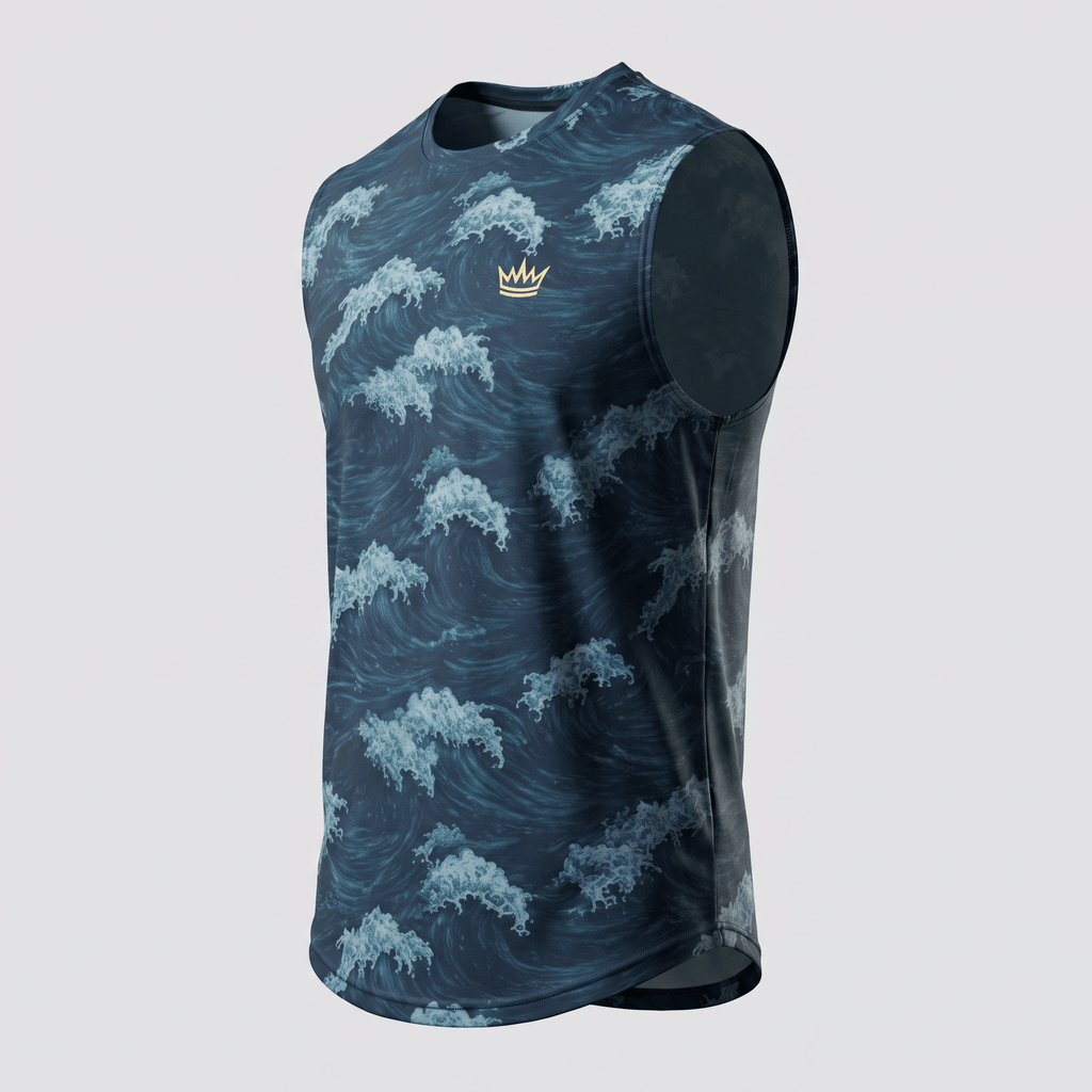 Blue wave print athletic tank top with crew neck and subtle gold crown logo on chest.