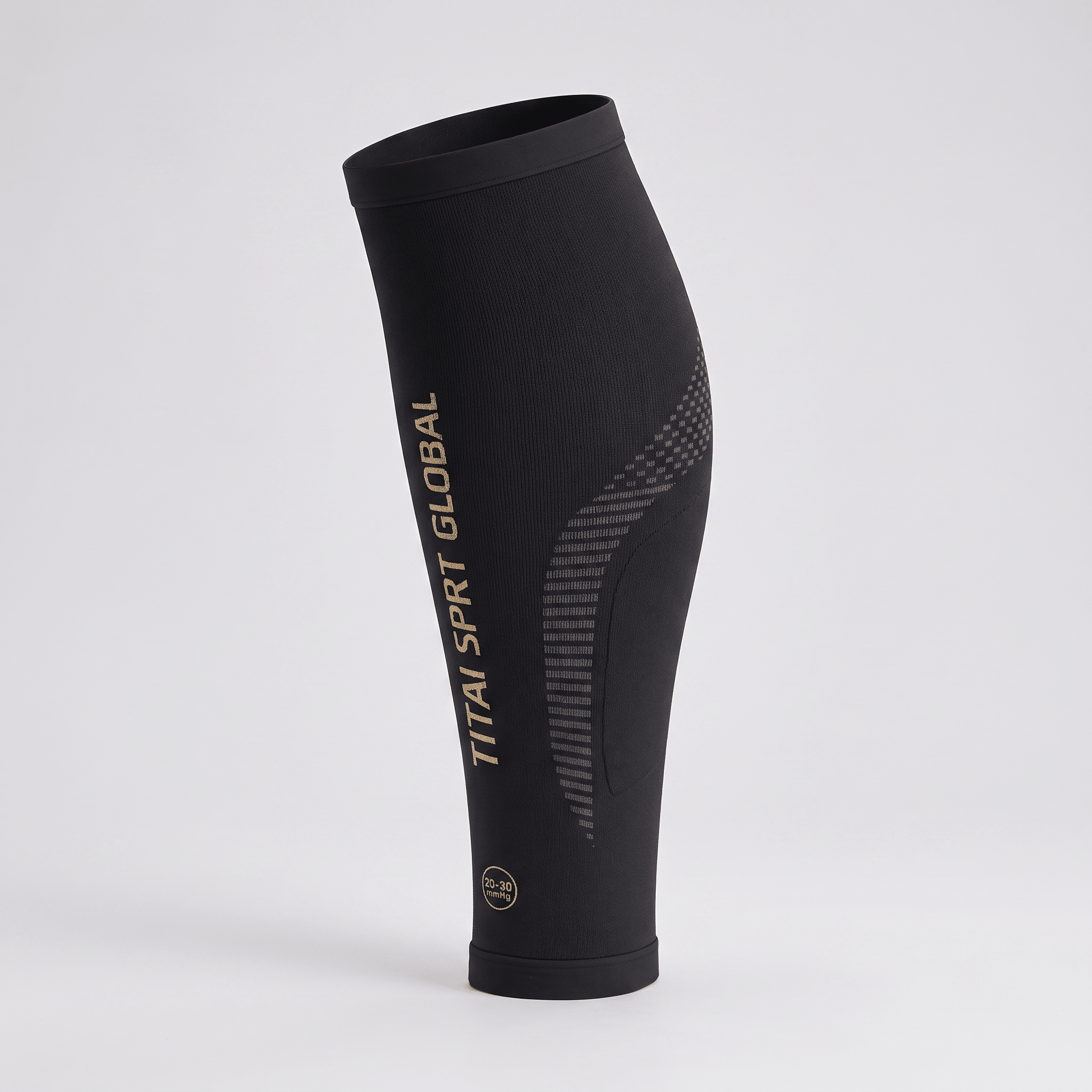 Black compression calf sleeve with gold text reading TITAI SPRT GLOBAL and 20-30 mmHg rating.