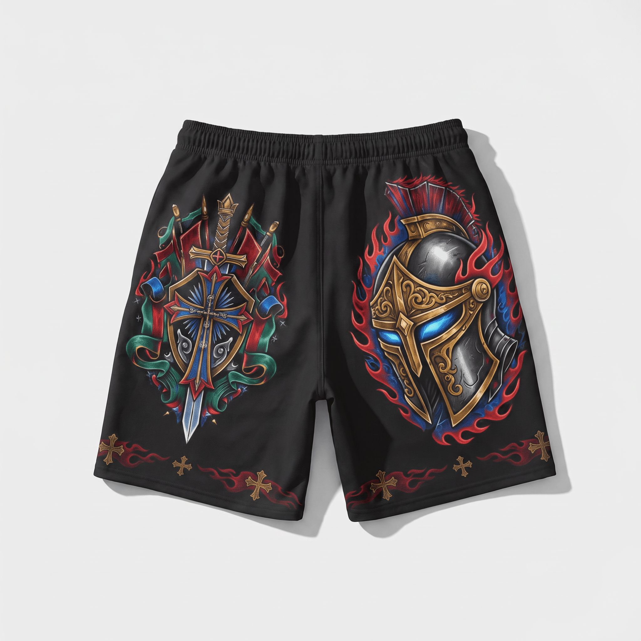 Black shorts featuring a Spartan helmet and sword graphic with red flames and crosses.