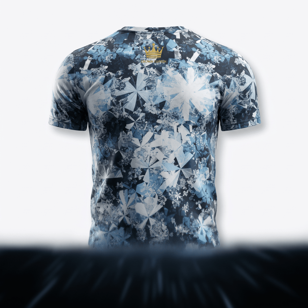 Back of a blue and white abstract geometric patterned t-shirt with a gold crown logo on the upper back.