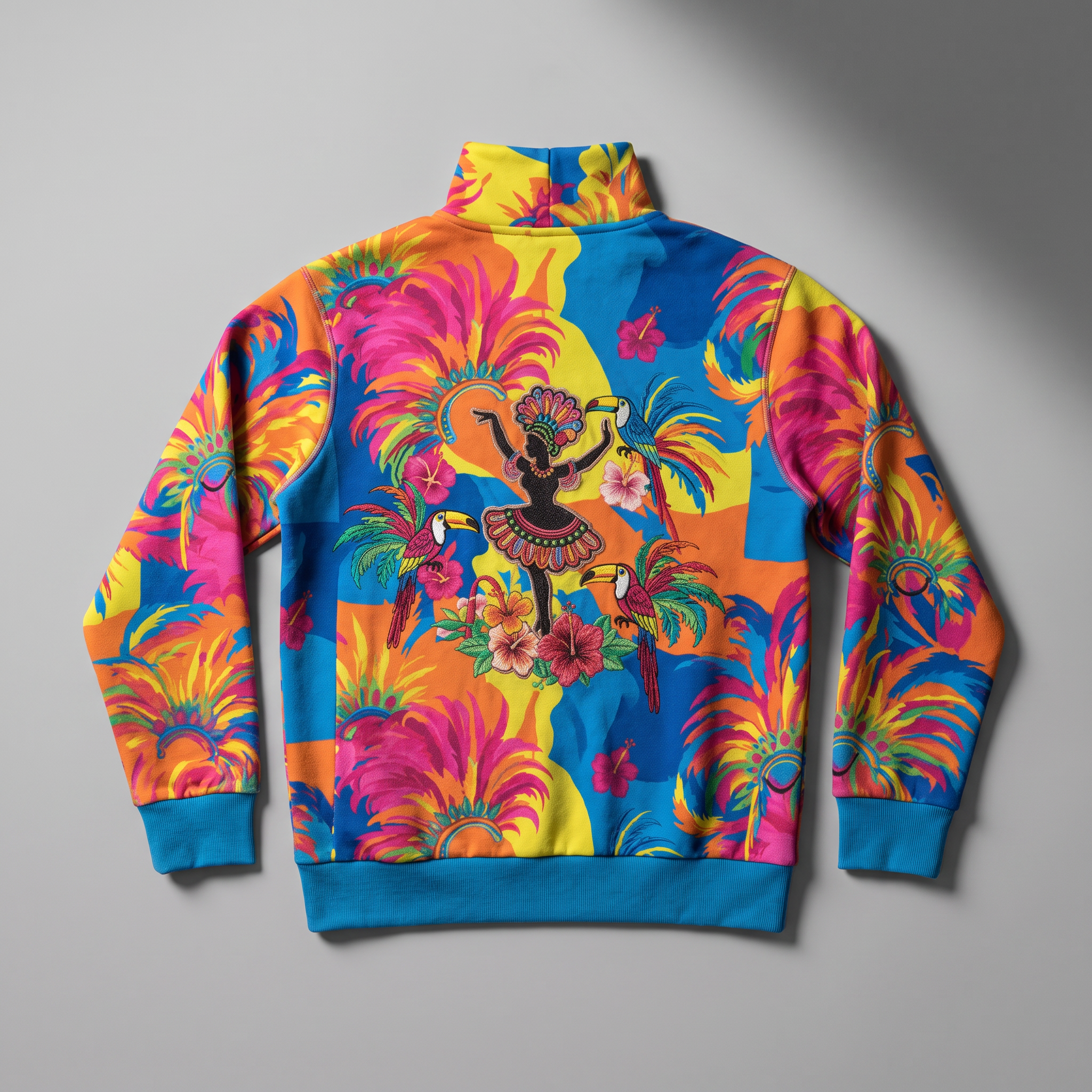 Back view of a colorful tropical print zip jacket featuring a dancer, toucans, and bright floral motifs.