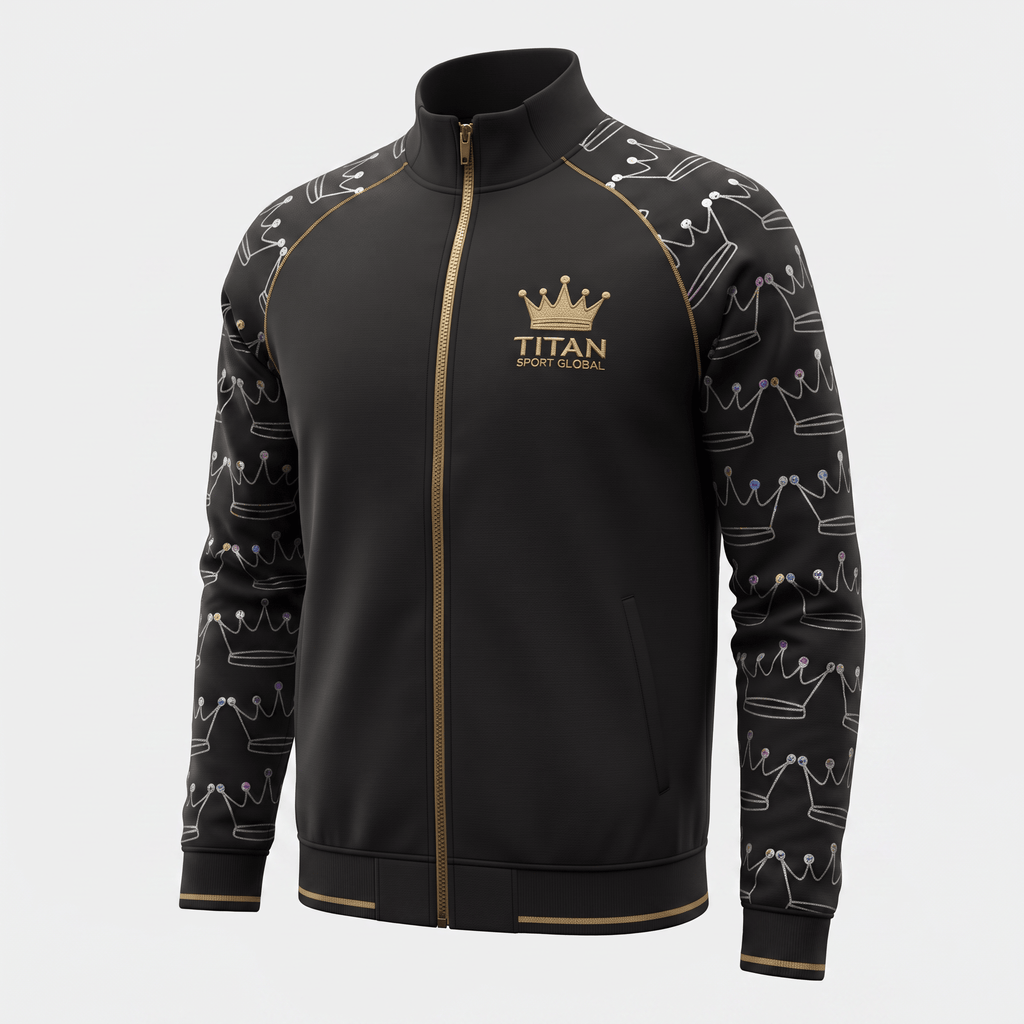 Black track jacket with gold zipper and Titan Sport Global crown logo, featuring patterned sleeves.
