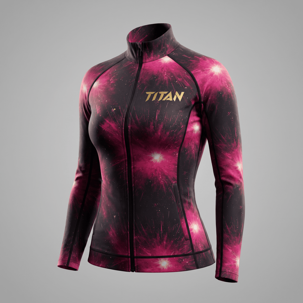 Womens pink and black galaxy print athletic zip jacket with gold Titan logo on chest.