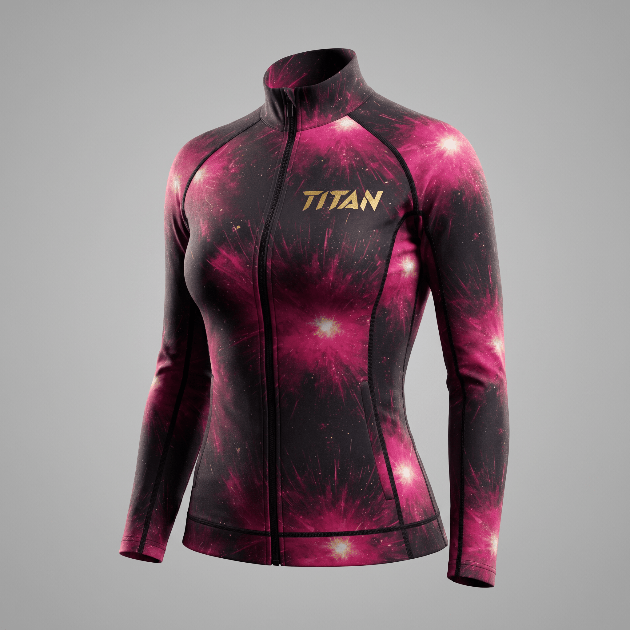 Womens pink and black galaxy print athletic zip jacket with gold Titan logo on chest.