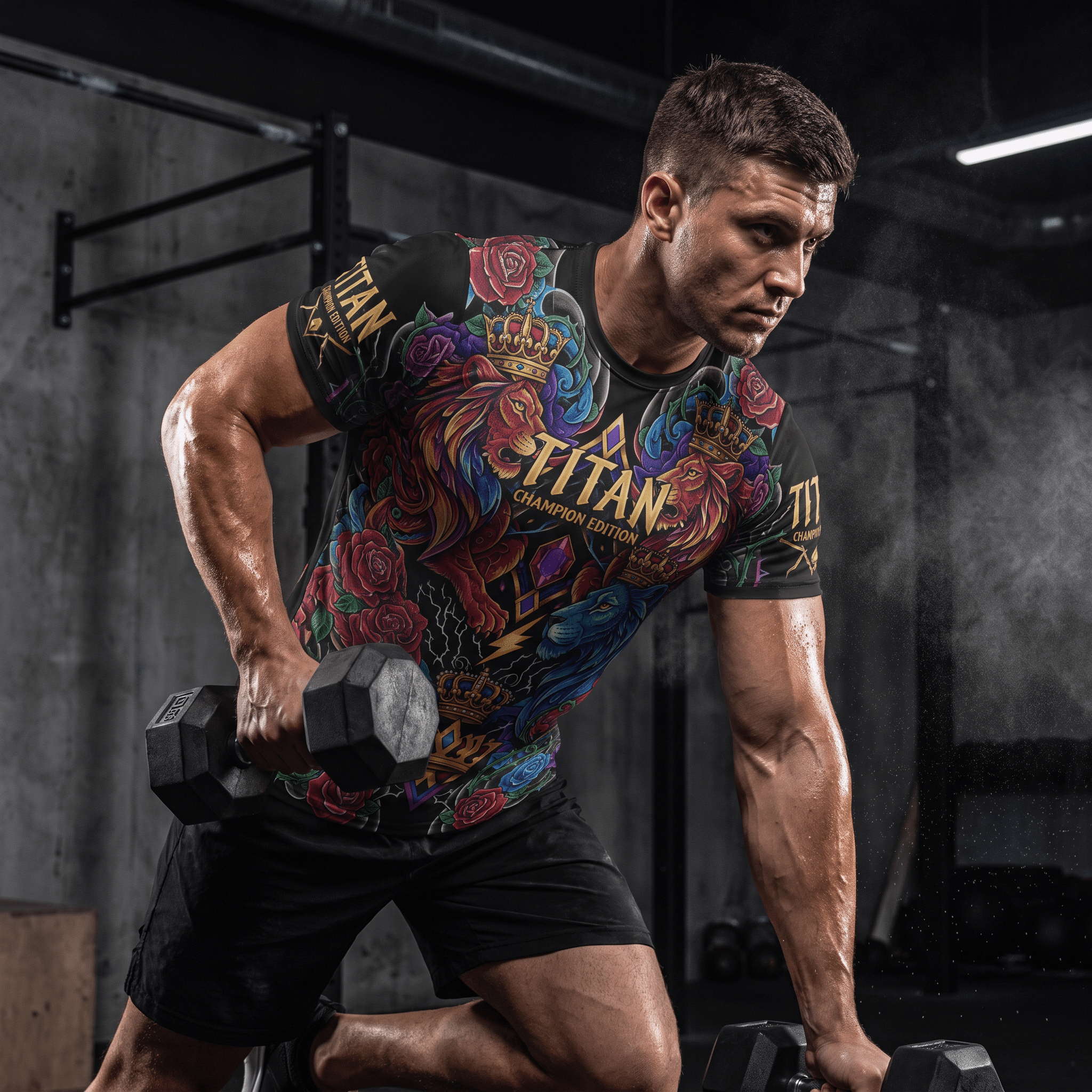 Male athlete lifting dumbbells wearing a black TITAN Performance Tee - Crown Edition with colorful graphic.