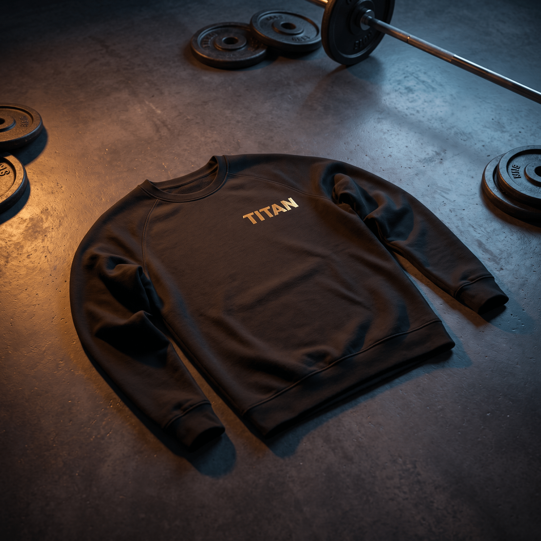 Black crewneck sweatshirt with gold "TITAN" logo centered on chest, resting on a gym floor with weight plates.