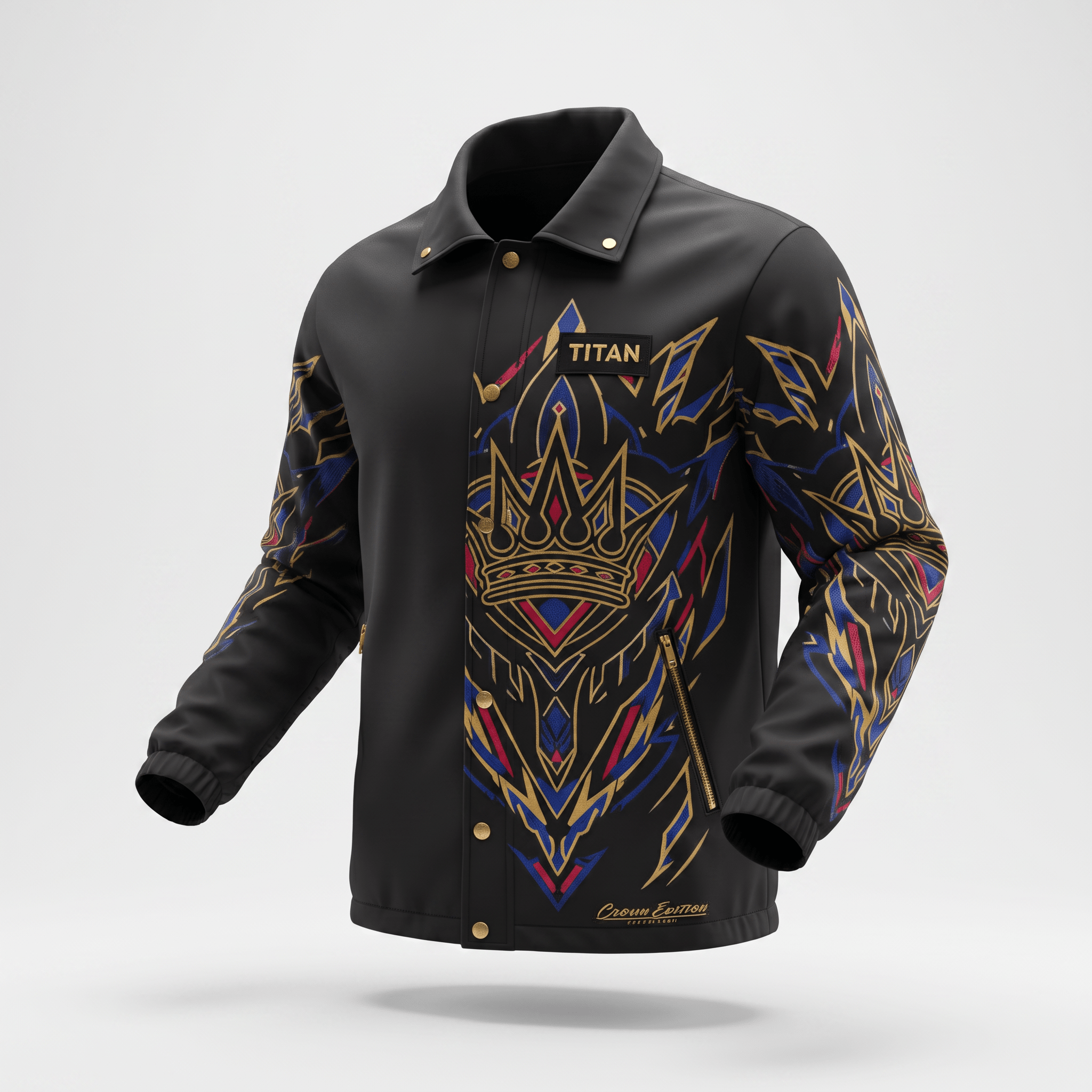 Black coach jacket with gold, blue, and red crown graphics, Titan chest patch, and gold snap buttons.