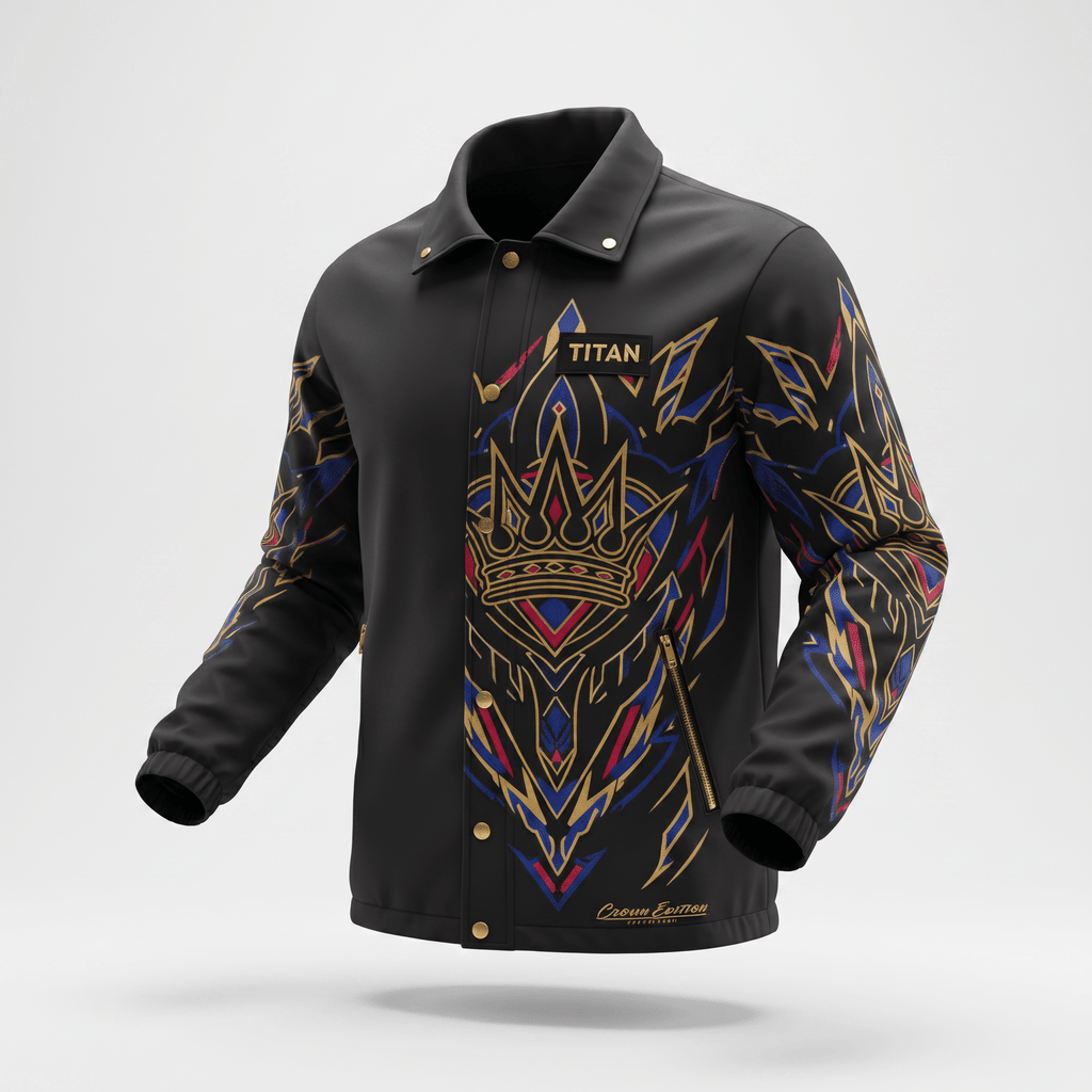 Black coach jacket with gold, blue, and red crown graphics, snap buttons, and a Titan logo patch.