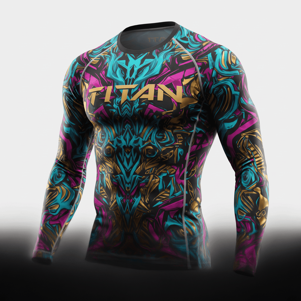 Titan long-sleeve rash guard featuring a vibrant blue, pink, and gold abstract graffiti pattern.