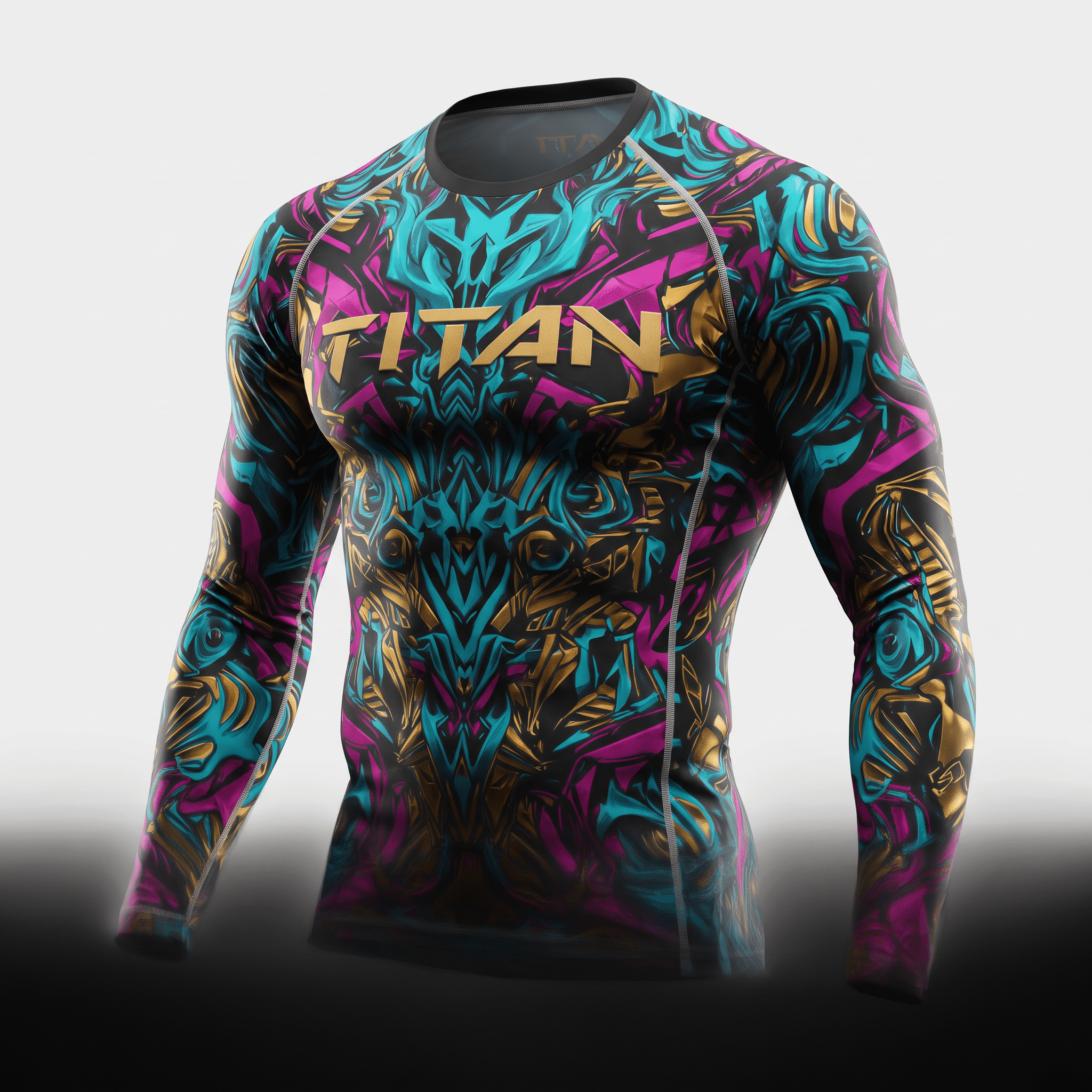 Titan long-sleeve rash guard in black with vibrant turquoise, pink, and gold abstract print and gold chest logo.