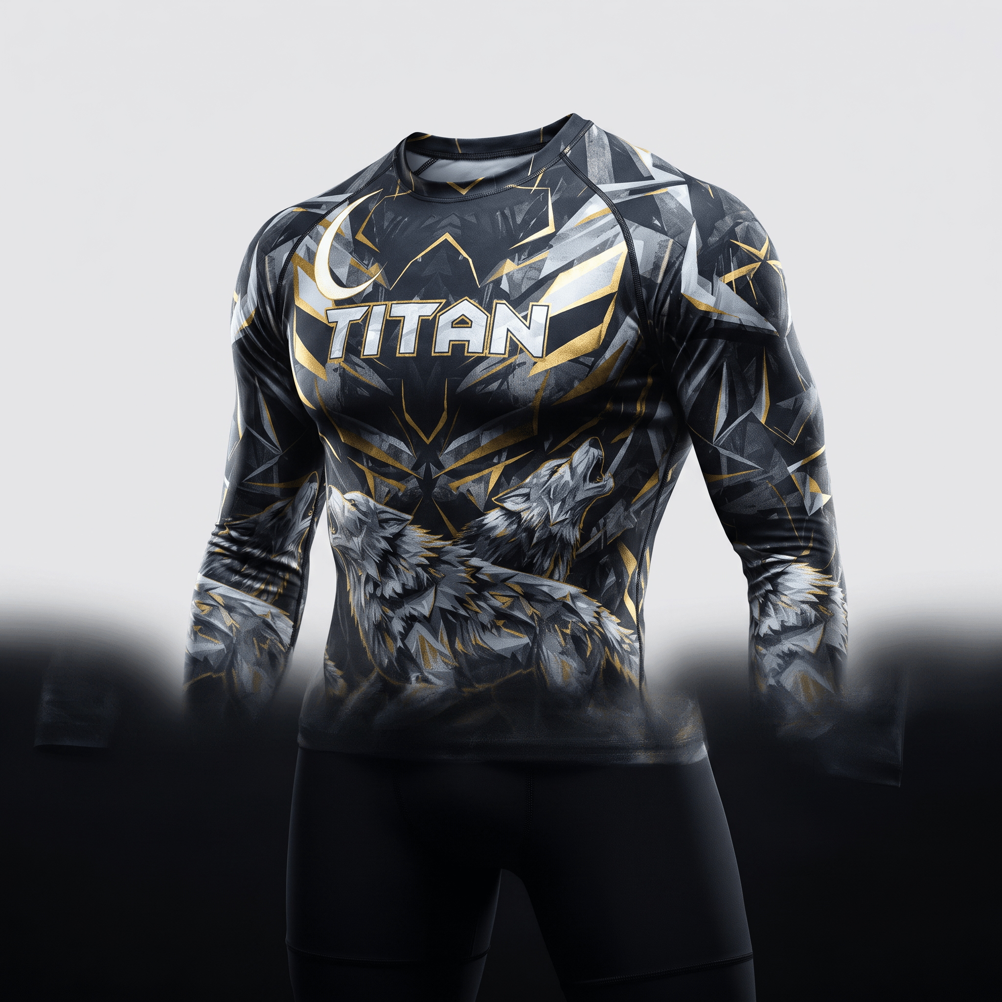 Black and gold long-sleeve rash guard with Titan logo and wolf graphic, front view.