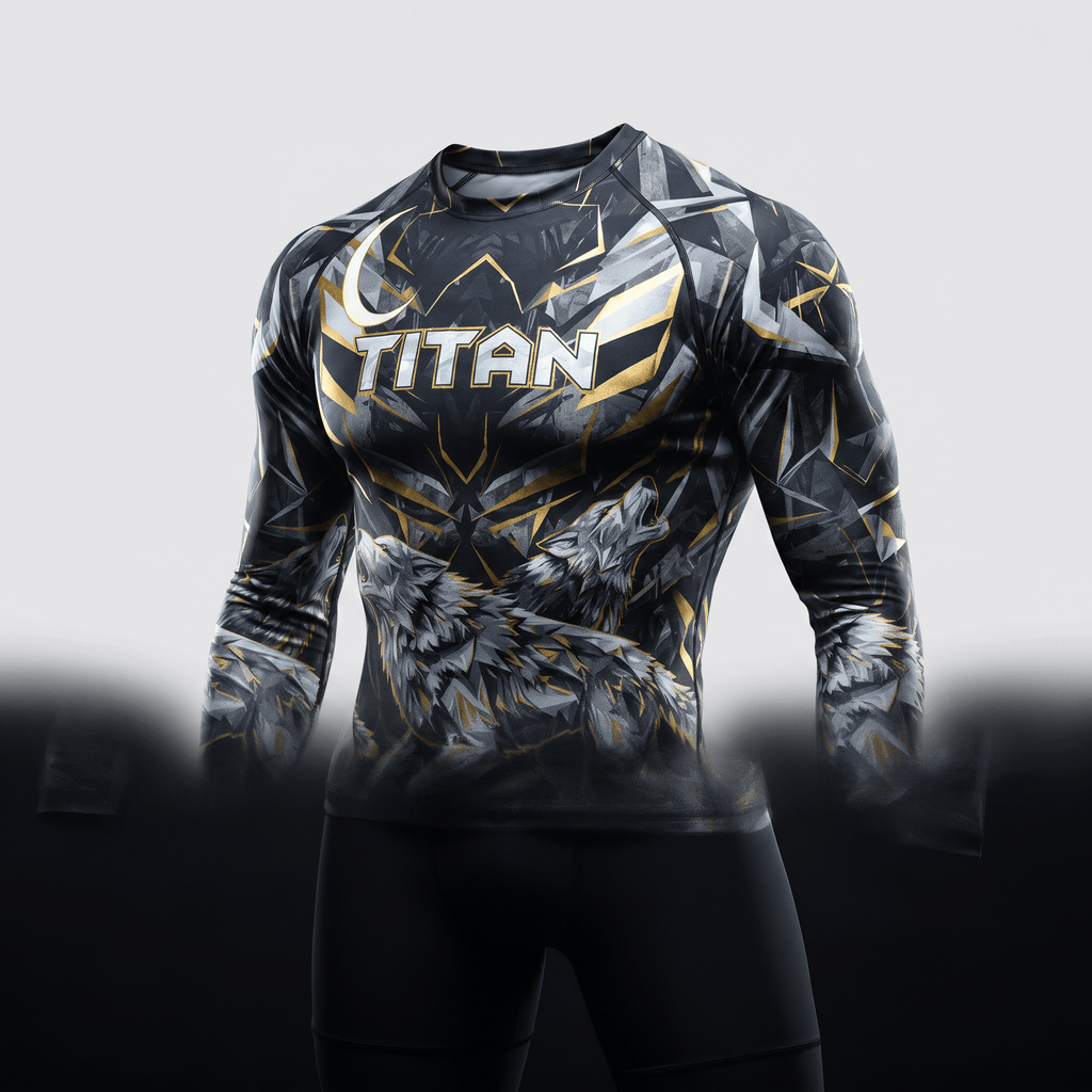 Black and grey long-sleeve compression shirt with gold wolf and moon graphics and the word Titan across the chest.