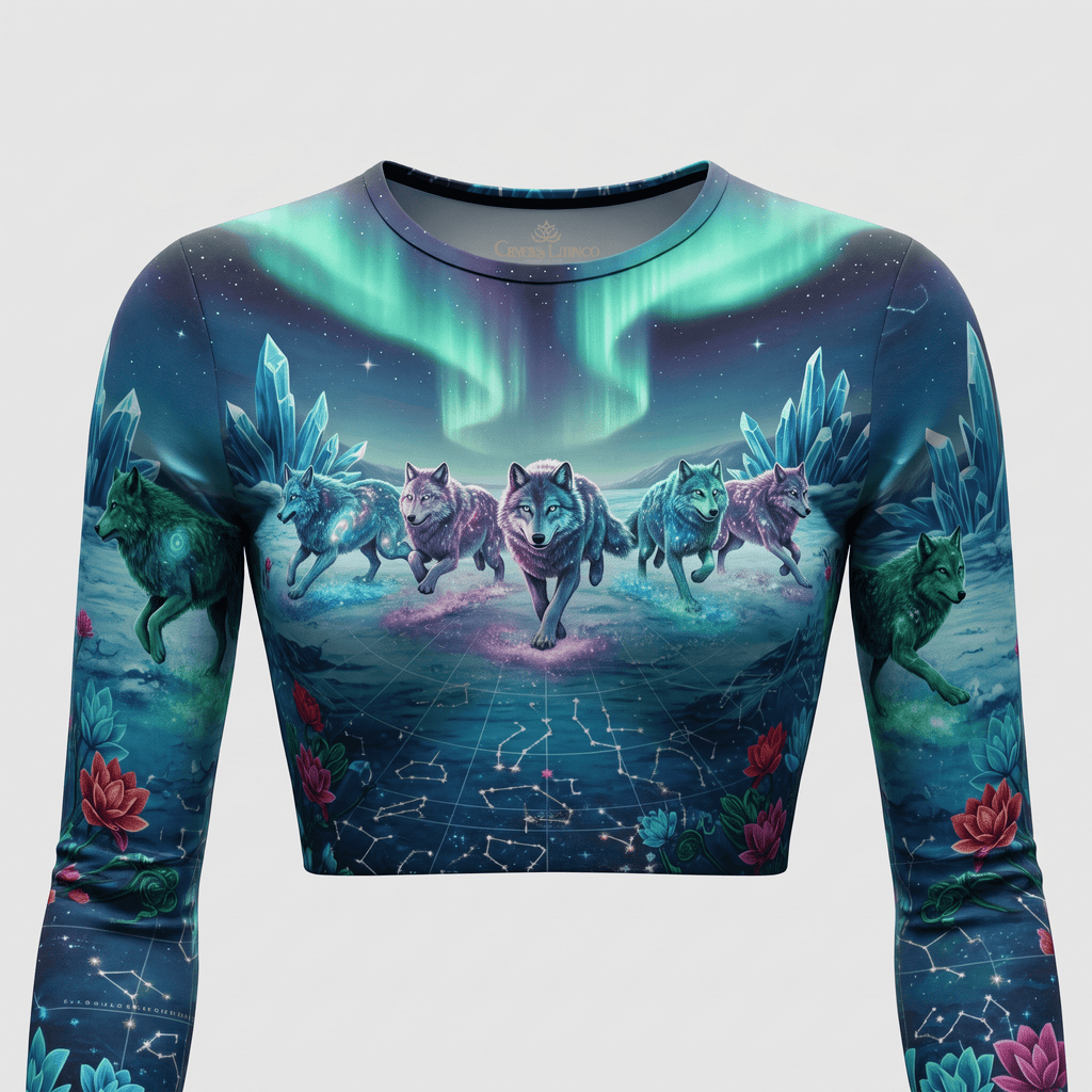 Long-sleeve crop top in blue and teal with a fantasy wolf, crystal, and northern lights graphic print.