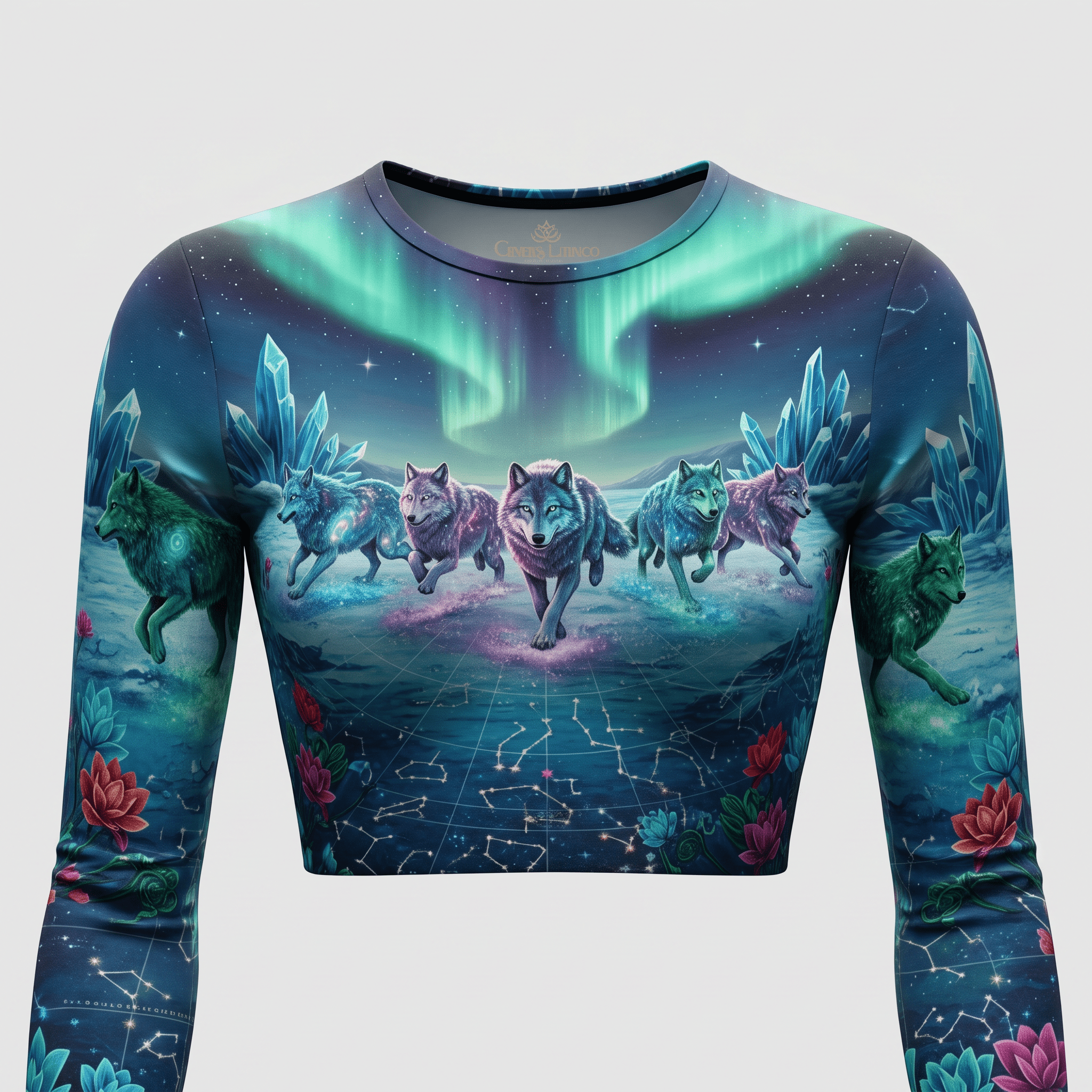 Long-sleeve crop top in blue and teal with a fantasy wolf, crystal, and northern lights graphic print.