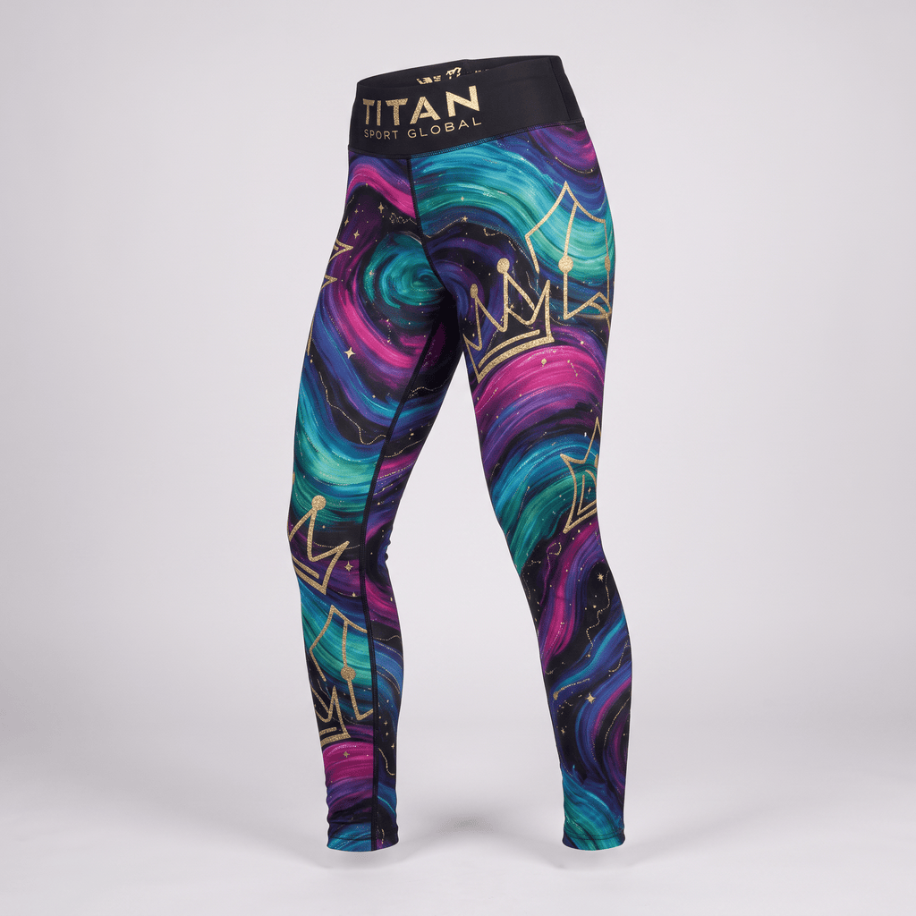 Titan Sport Global athletic leggings featuring colorful galaxy print with gold crowns on a black waistband.