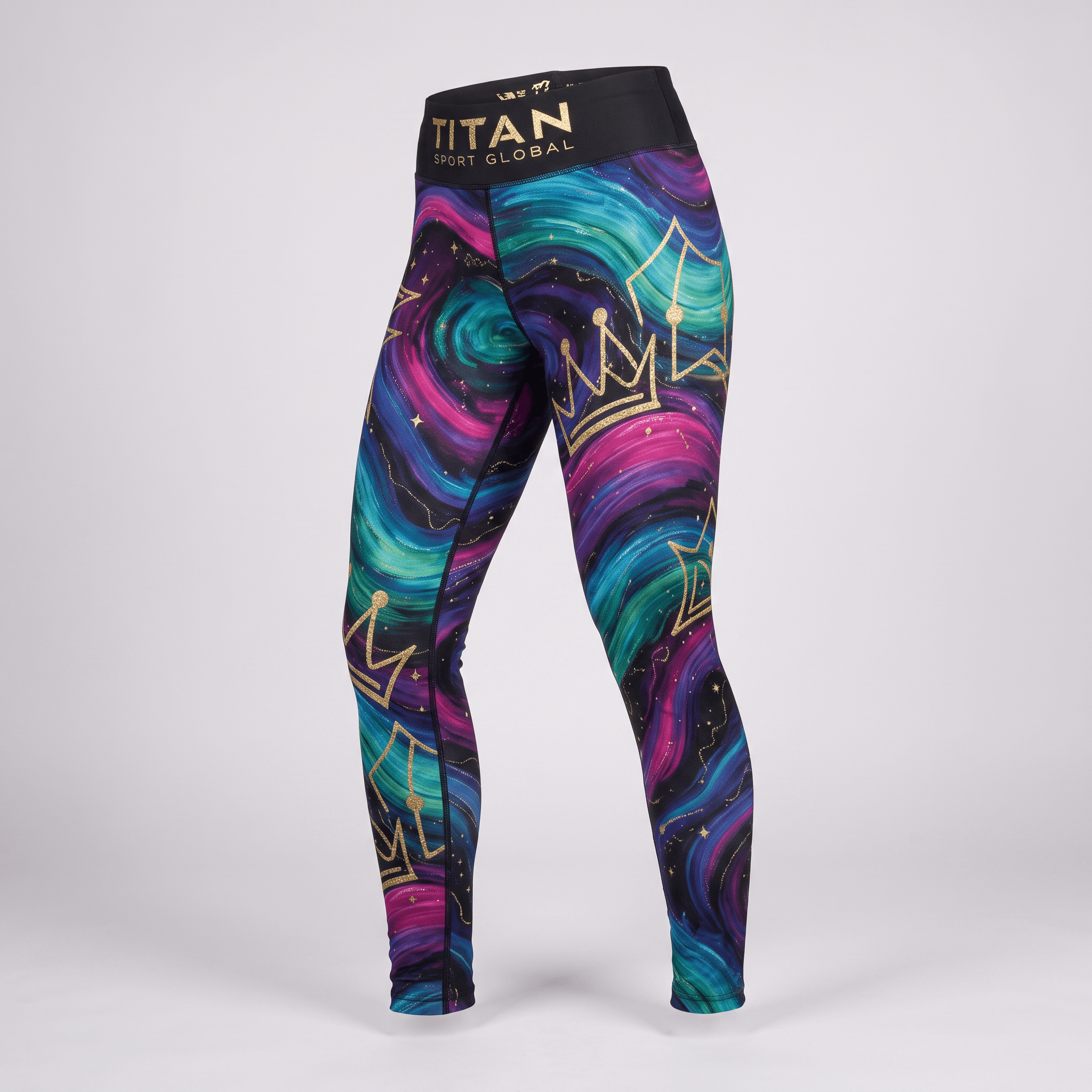 Titan Sport Global athletic leggings featuring colorful galaxy print with gold crowns on a black waistband.