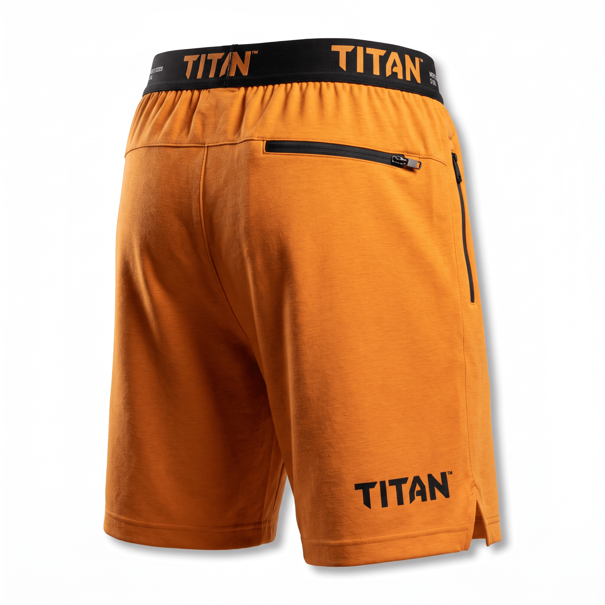 Back view of orange Titan athletic shorts with a black branded waistband and zipper pocket.