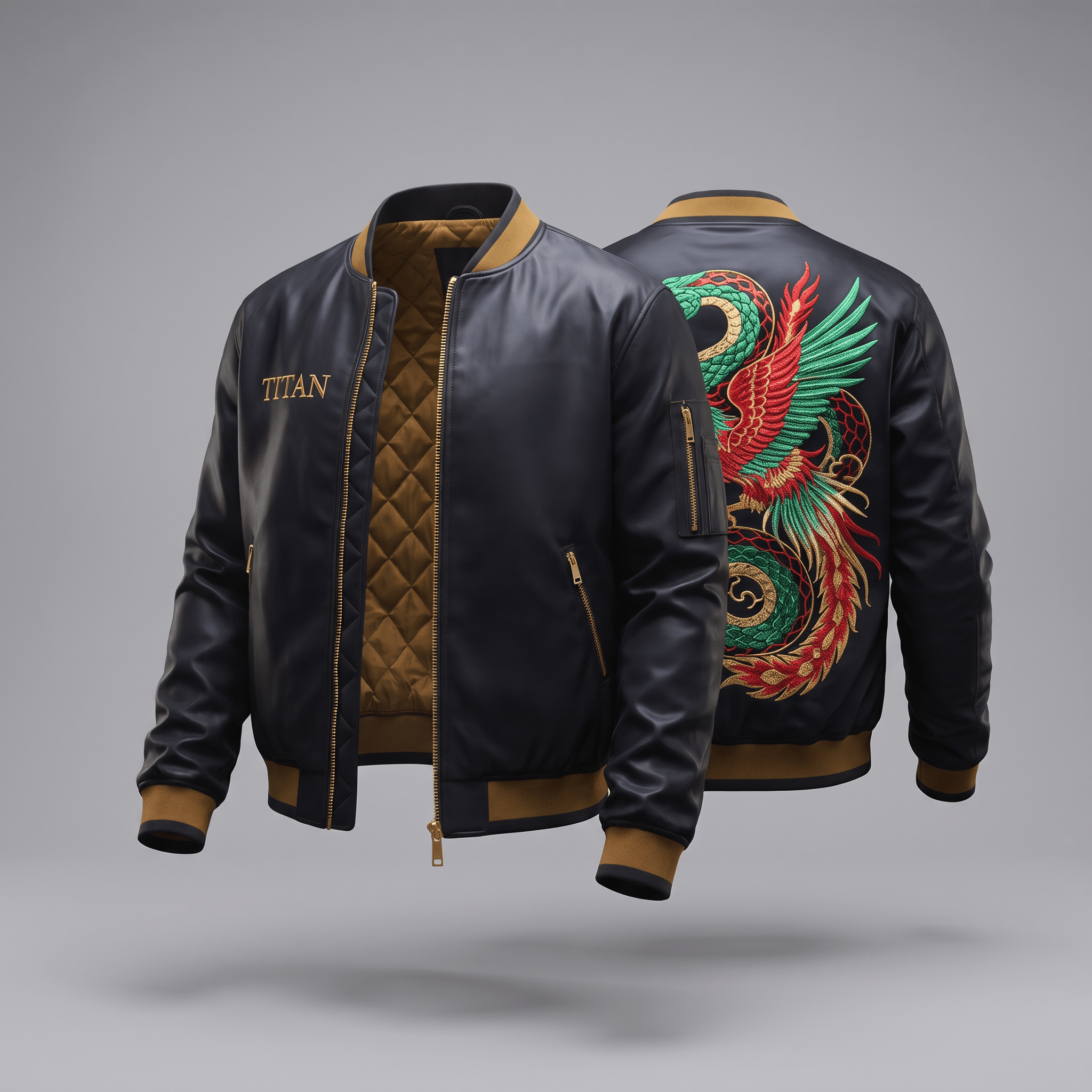 Black leather bomber jacket with gold accents, Titan text, quilted lining, and detailed dragon back embroidery.