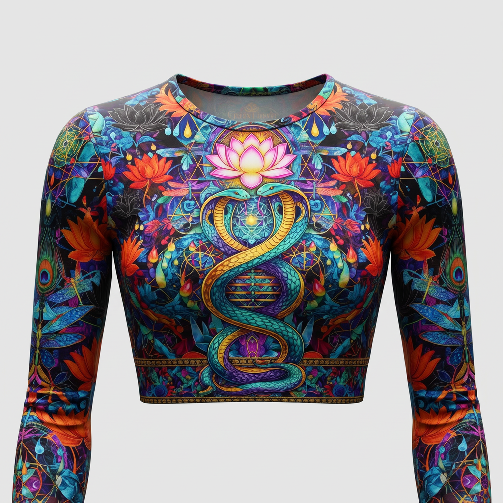 Long-sleeve crop top featuring vibrant multicolored lotus, snake, and sacred geometry print.