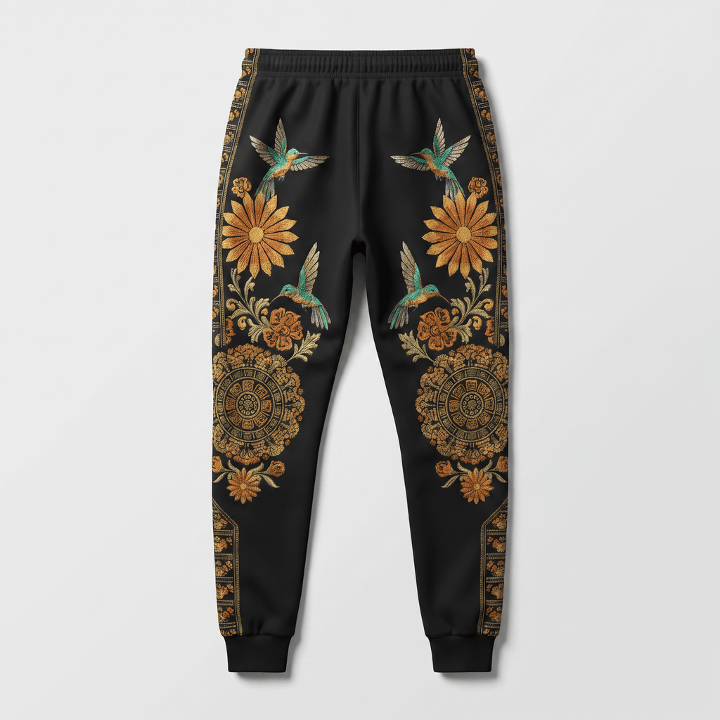 Black joggers with vibrant Mexican-style embroidery of hummingbirds, sunflowers, and mandala patterns.