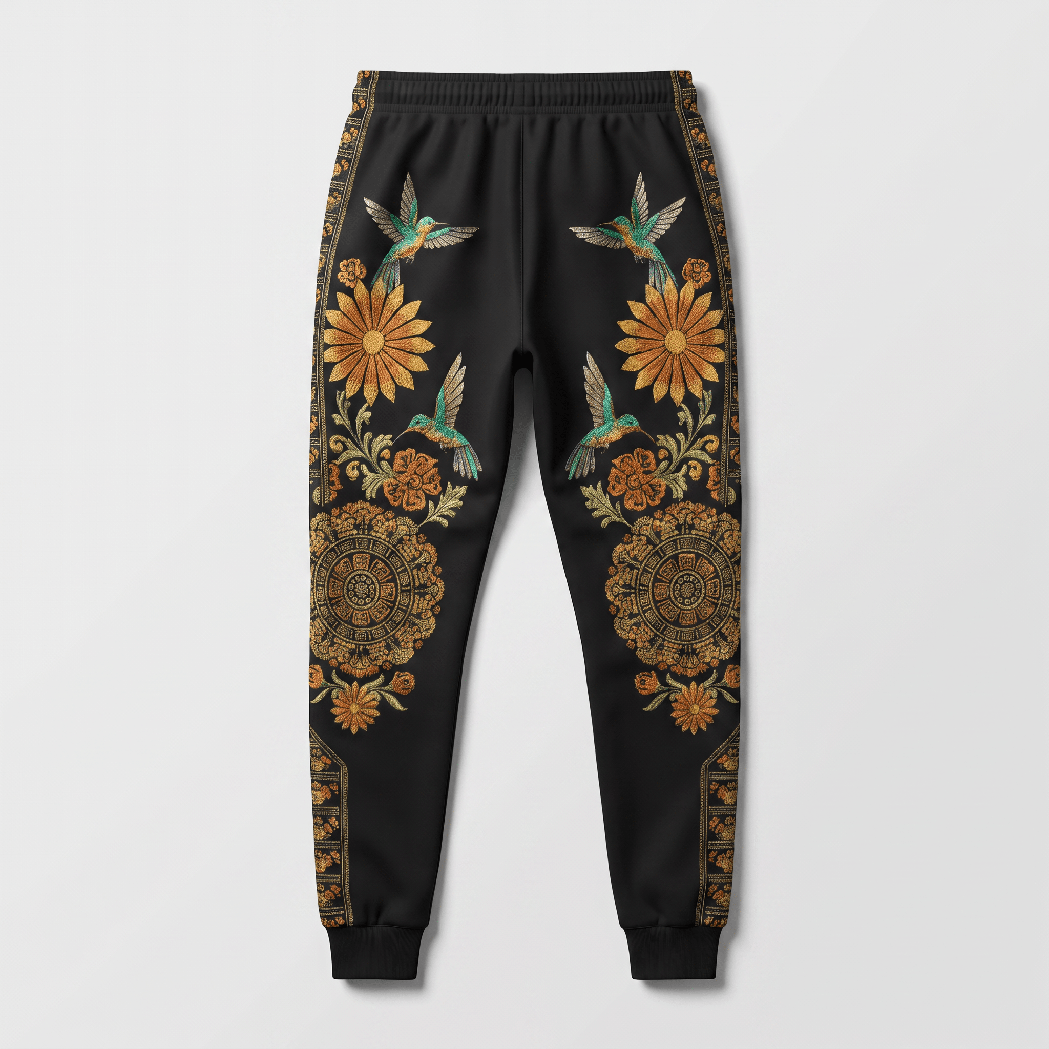 Black joggers with vibrant Mexican-style embroidery of hummingbirds, sunflowers, and mandala patterns.