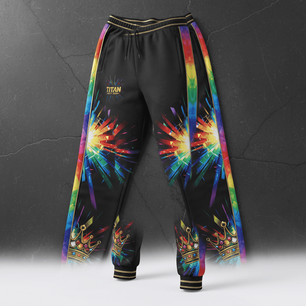Black joggers with vibrant rainbow firework graphics, gold crown accents, and striped trim.