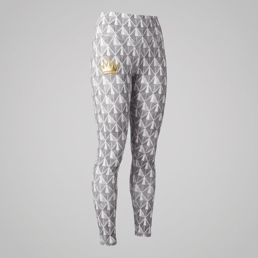 Grey high-waisted athletic leggings featuring a geometric diamond pattern and a gold crown logo on the hip.