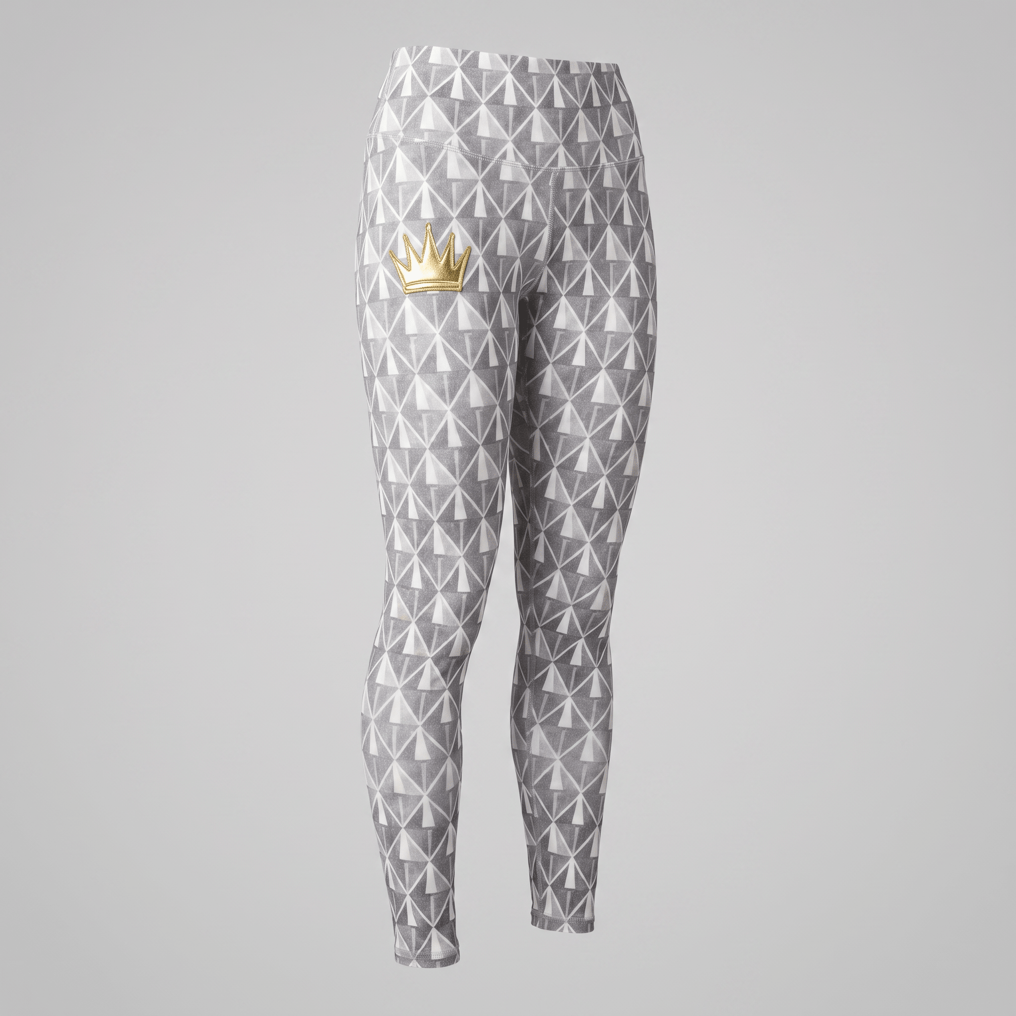 Grey high-waisted athletic leggings featuring a geometric diamond pattern and a gold crown logo on the hip.