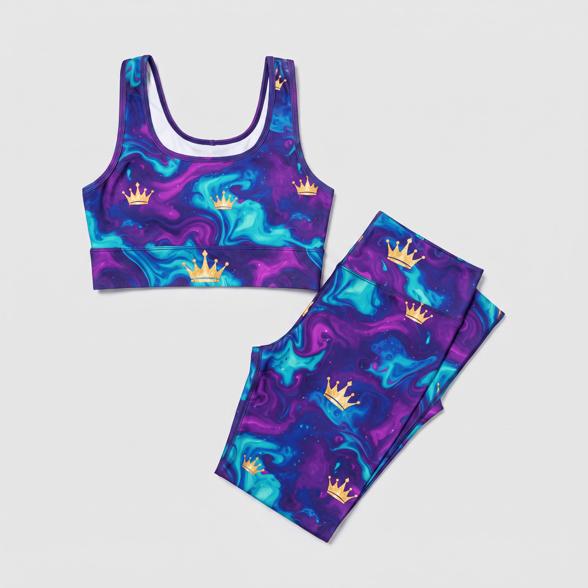 Purple and blue marble print sports bra and leggings set with gold crown pattern.