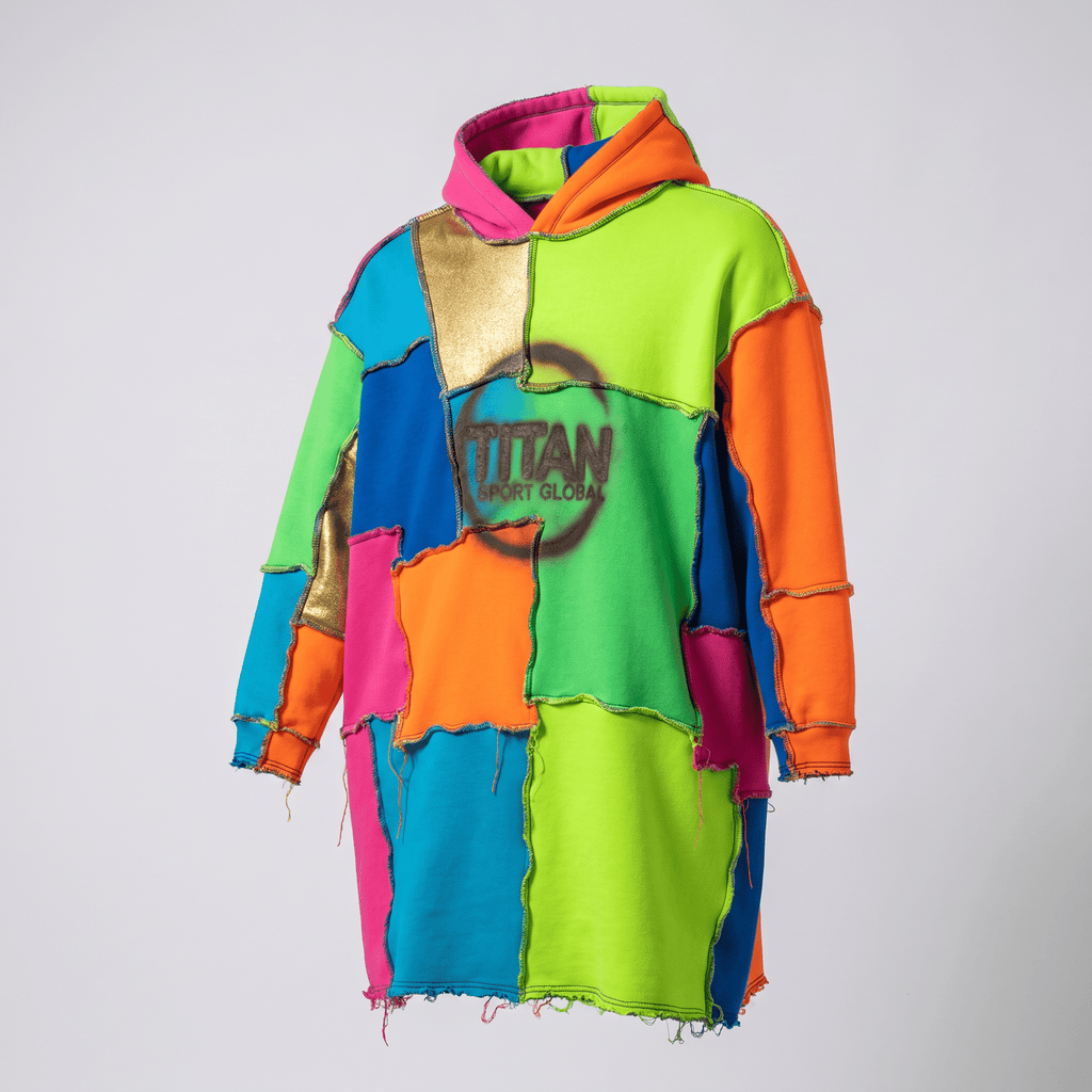 Multicolor patchwork hoodie featuring neon green, orange, blue, pink, and gold panels with Titan Sport Global graphic