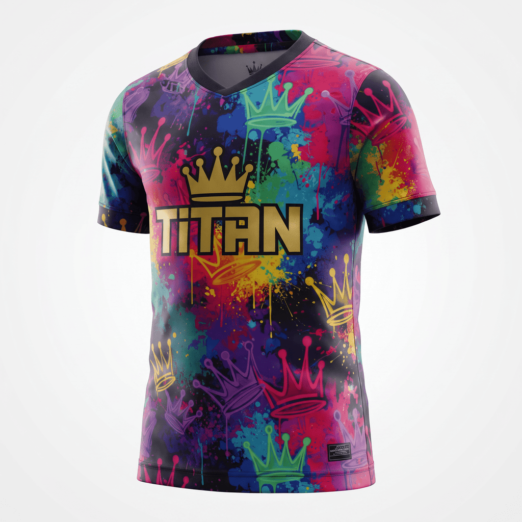 Vibrant multi-color v-neck t-shirt featuring graffiti print, colorful crowns, and the word TITAN across the chest.