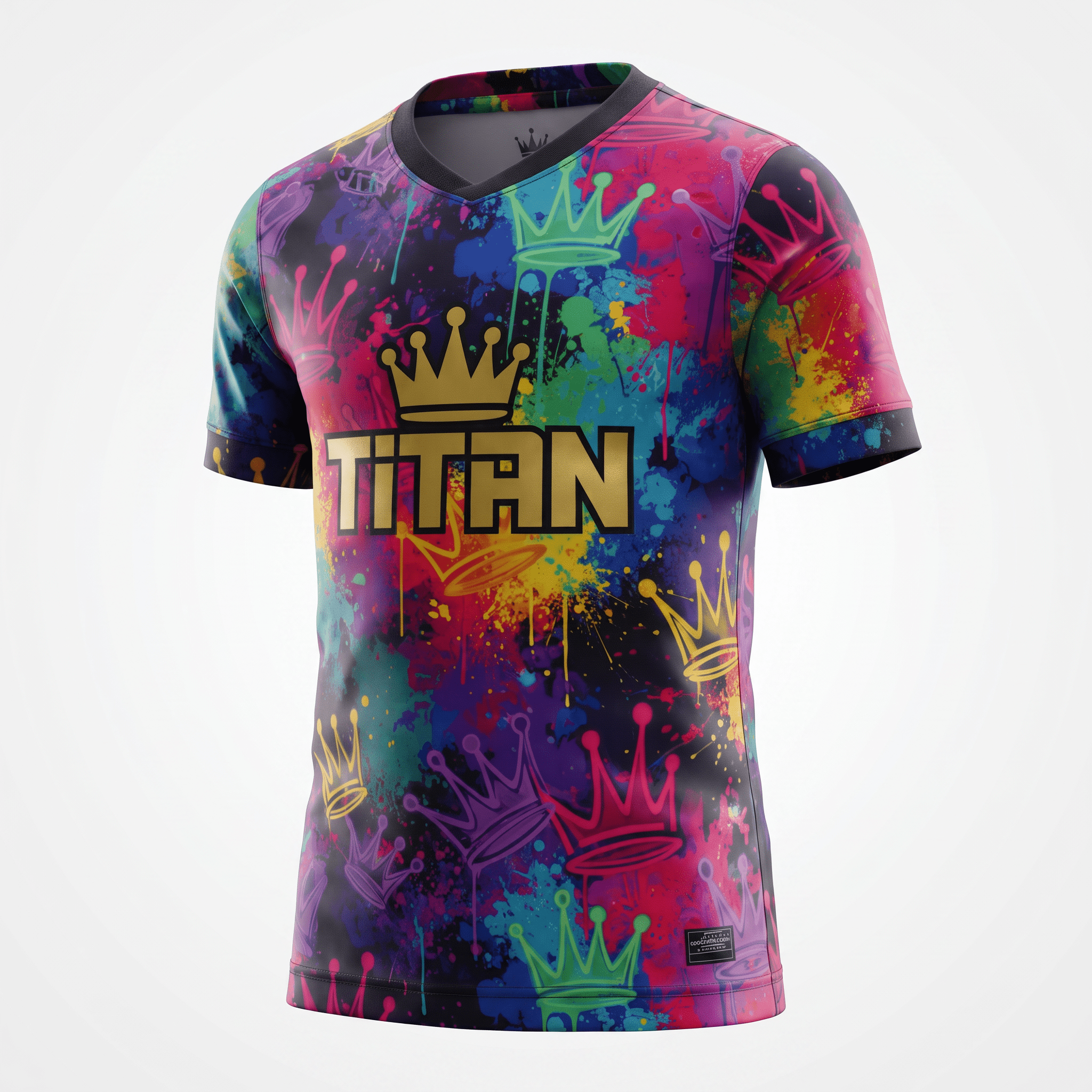 Vibrant multi-color v-neck t-shirt featuring graffiti print, colorful crowns, and the word TITAN across the chest.