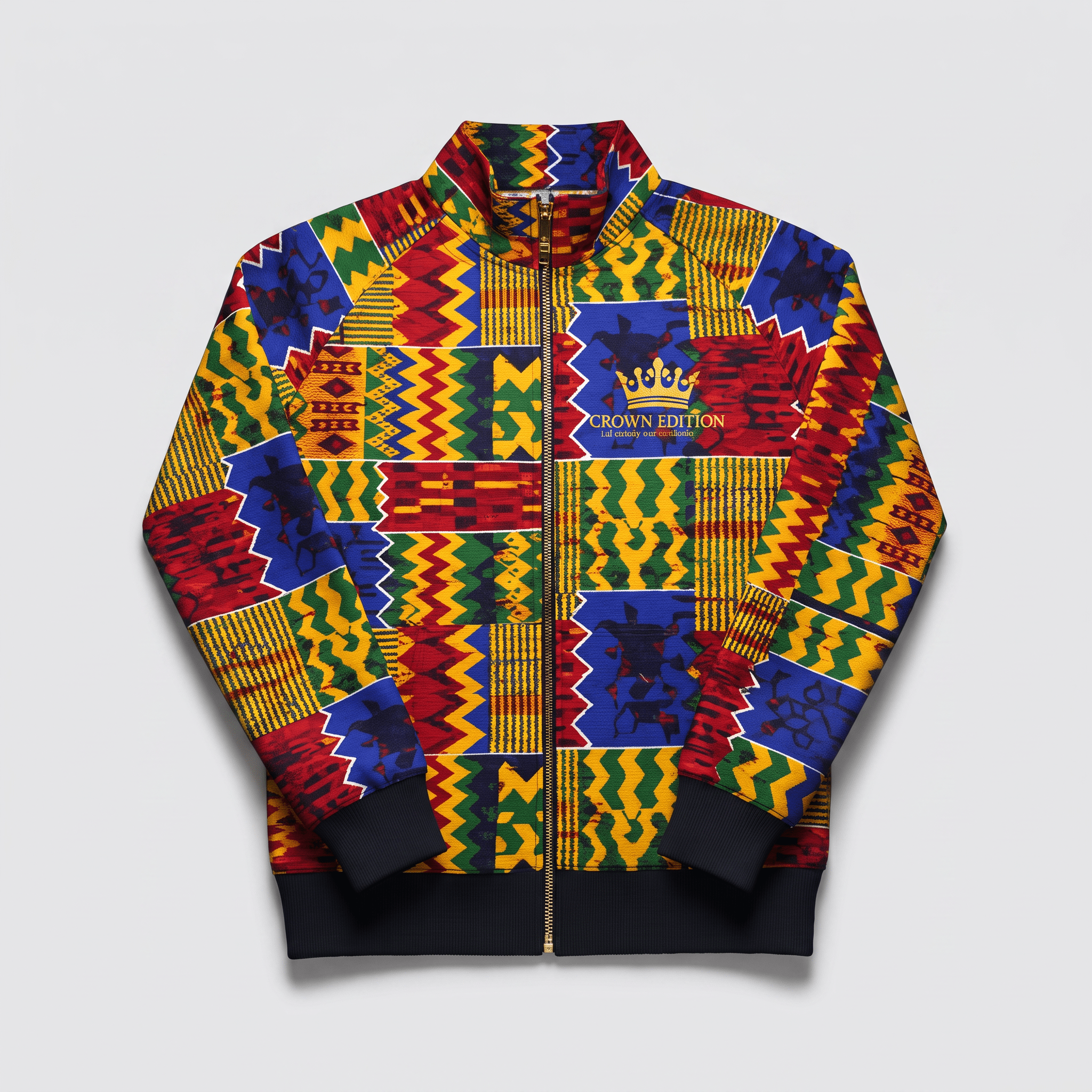 Colorful zip-up bomber jacket featuring traditional African kente print patterns in red, yellow, green, and blue.