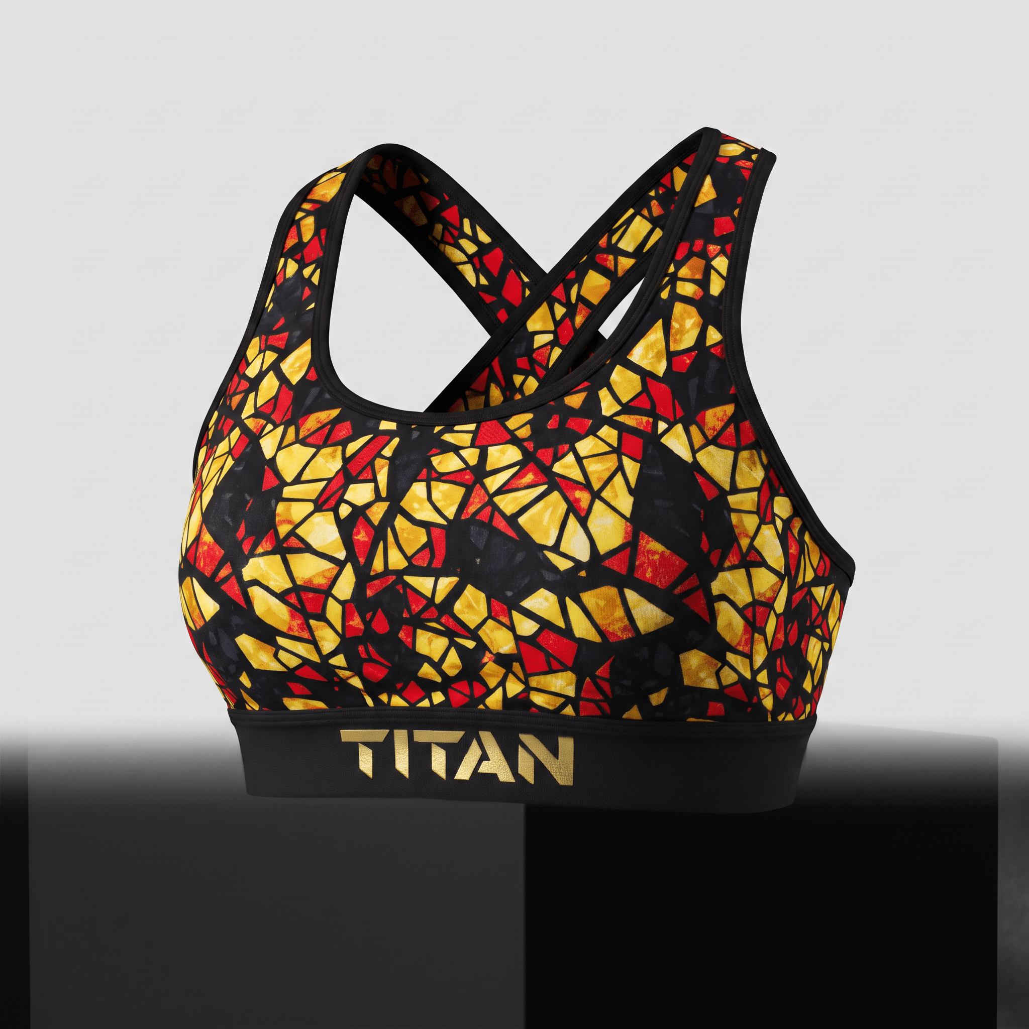 Titan sports bra with red, yellow, and black stained glass pattern and crossback straps.