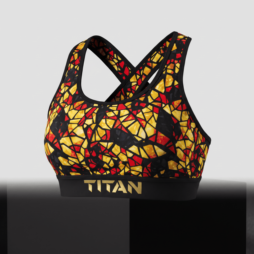 Black sports bra with a red, yellow, and black stained glass mosaic pattern and gold Titan logo band.