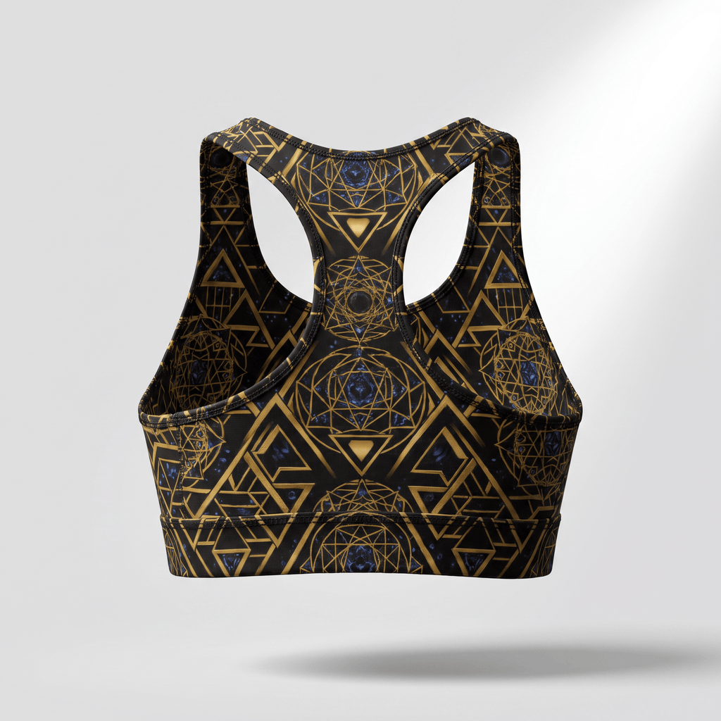 Back view of a black sports bra with gold geometric patterns and blue accents against a light background.