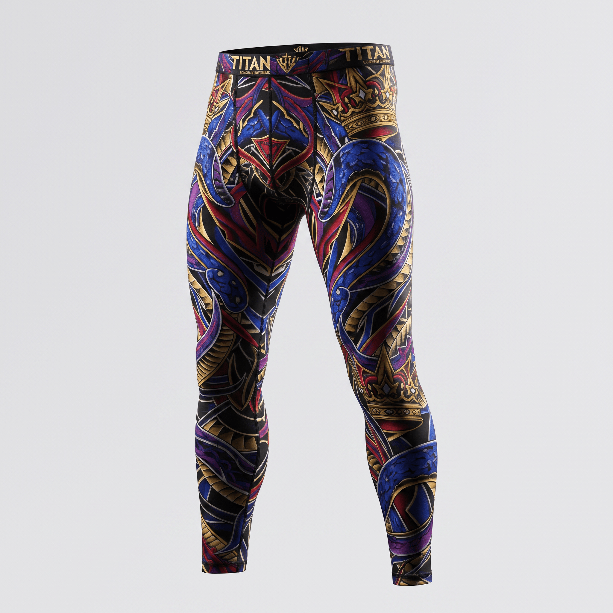 Titan compression leggings featuring a colorful blue, red, gold, and purple baroque crown and snake pattern.