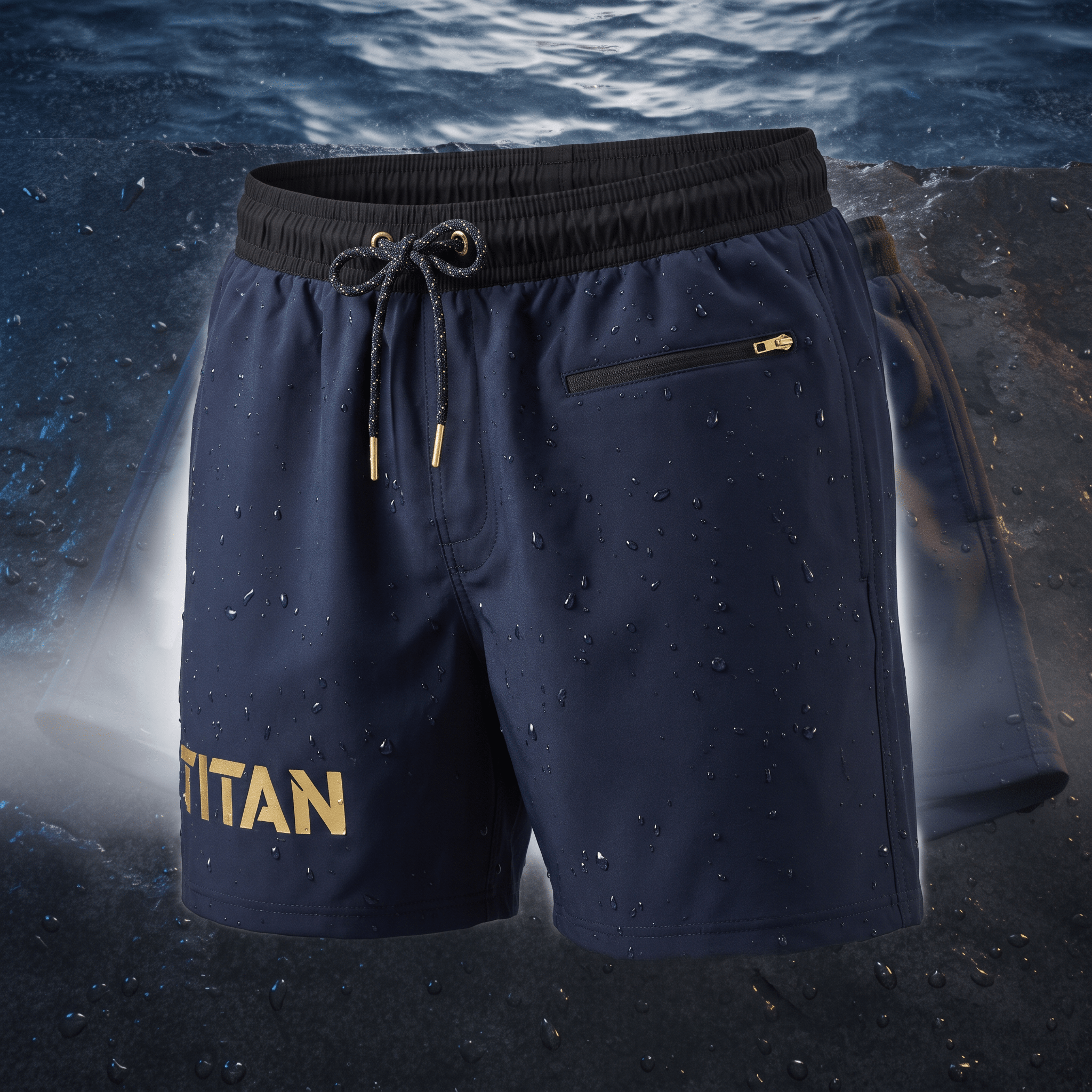 Navy blue water-resistant swim shorts with black waistband, gold drawstrings, zipper pocket, and Titan logo.