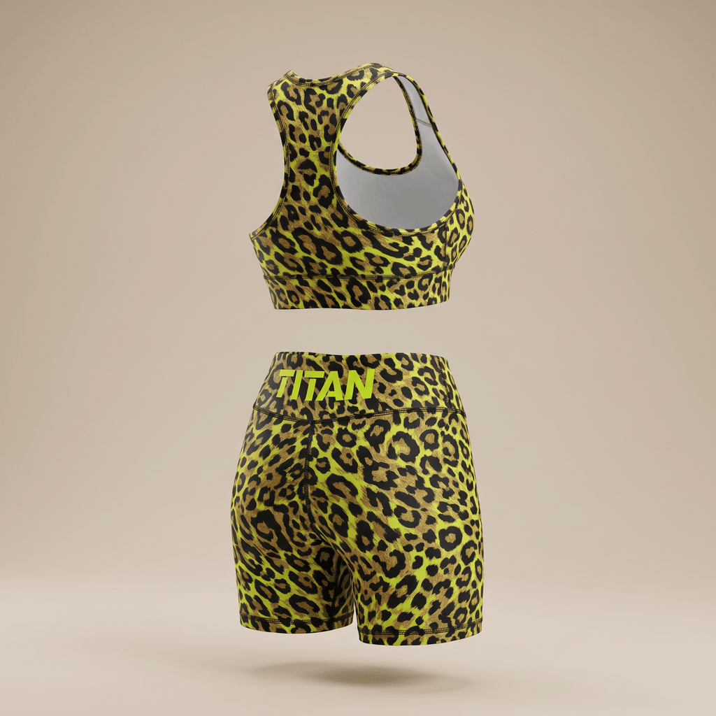 Yellow leopard print sports bra and shorts athletic set with Titan branding on the back waistband.