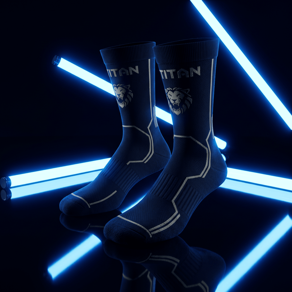 Dark blue athletic socks with a silver lion logo and "TITAN" text, set against a black background with blue neon lights.