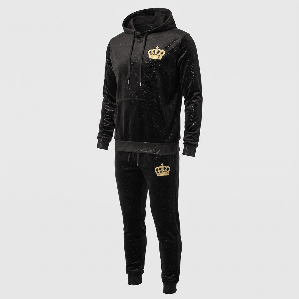 Black glitter velour tracksuit with gold crown logo on hoodie and matching joggers.