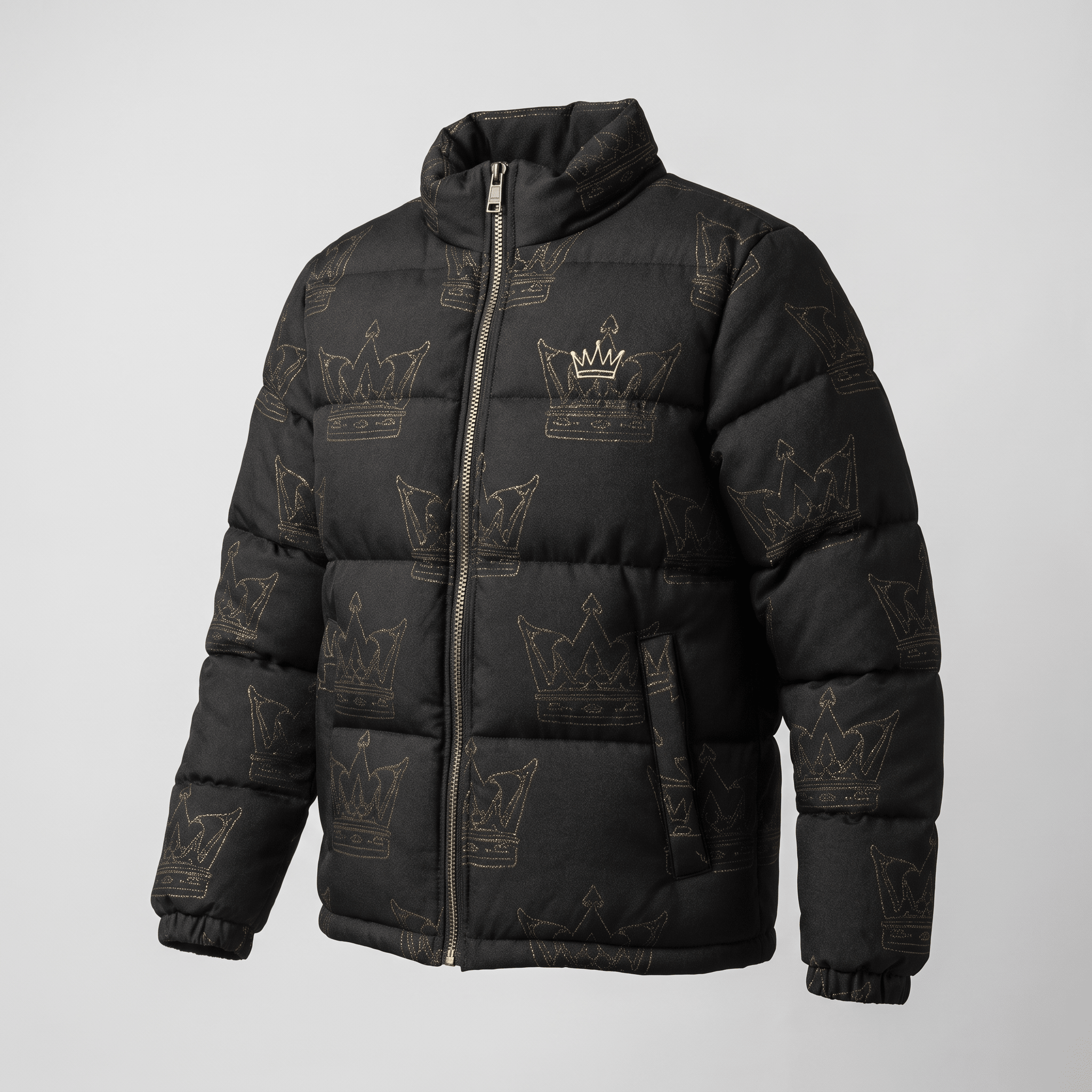 Black puffer jacket with an all-over gold crown print, stand collar, and full zip front.