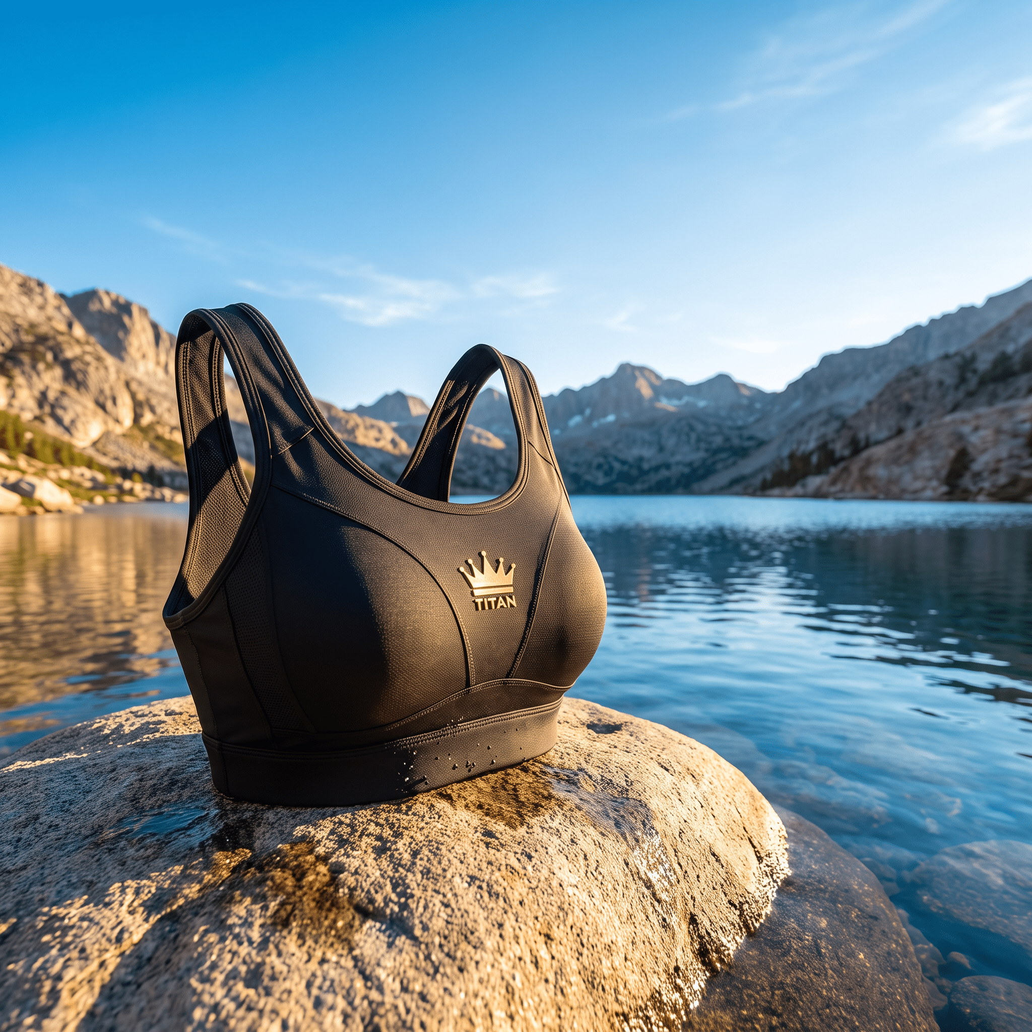 Black athletic sports bra with a gold crown logo and "TITAN" text, resting on a rock by a mountain lake.