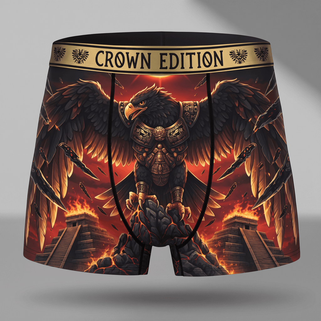 Crown Edition black boxer briefs featuring an armored eagle graphic over fiery Aztec ruins and glowing red sky.
