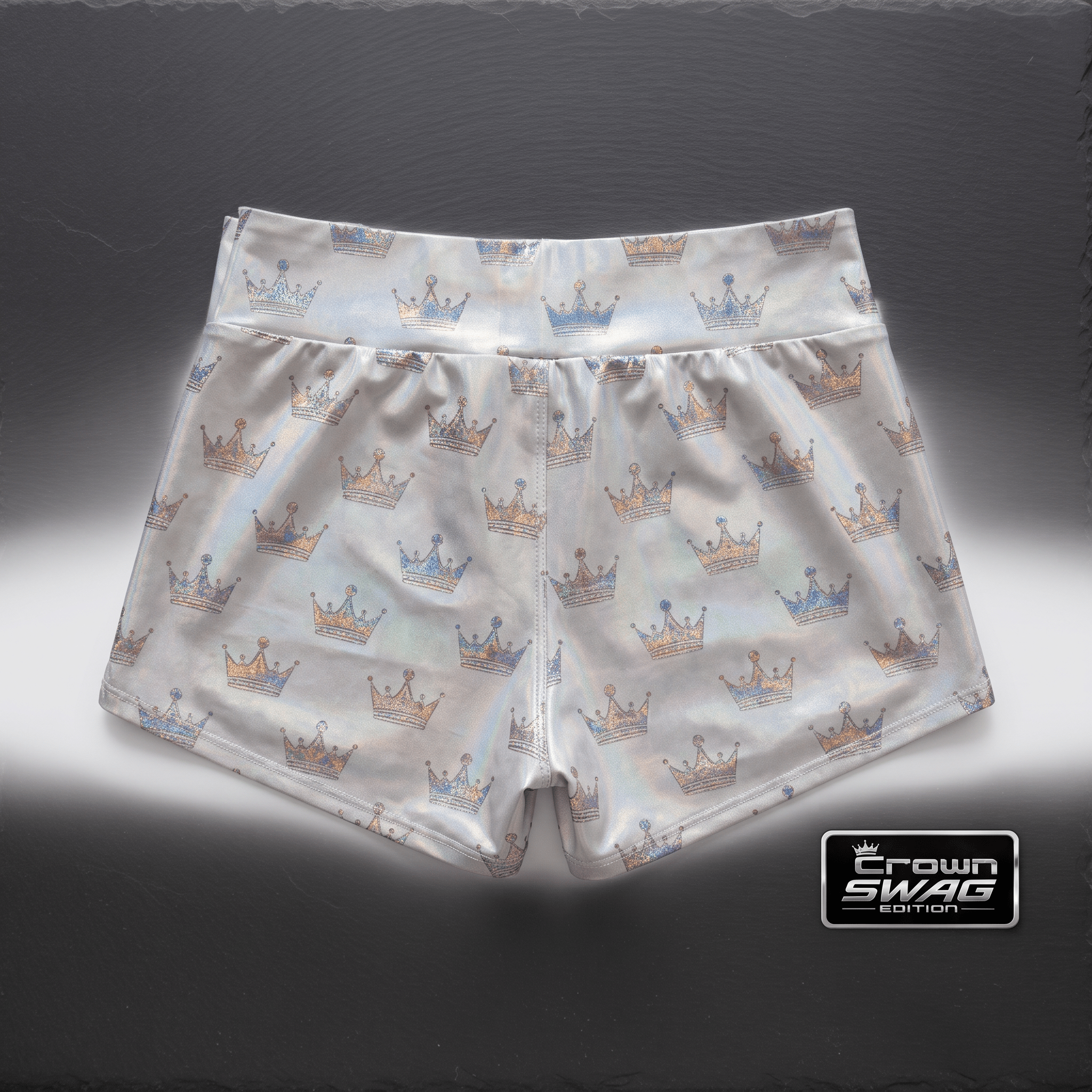 Silver athletic shorts featuring an allover metallic blue and gold crown pattern on a dark background.
