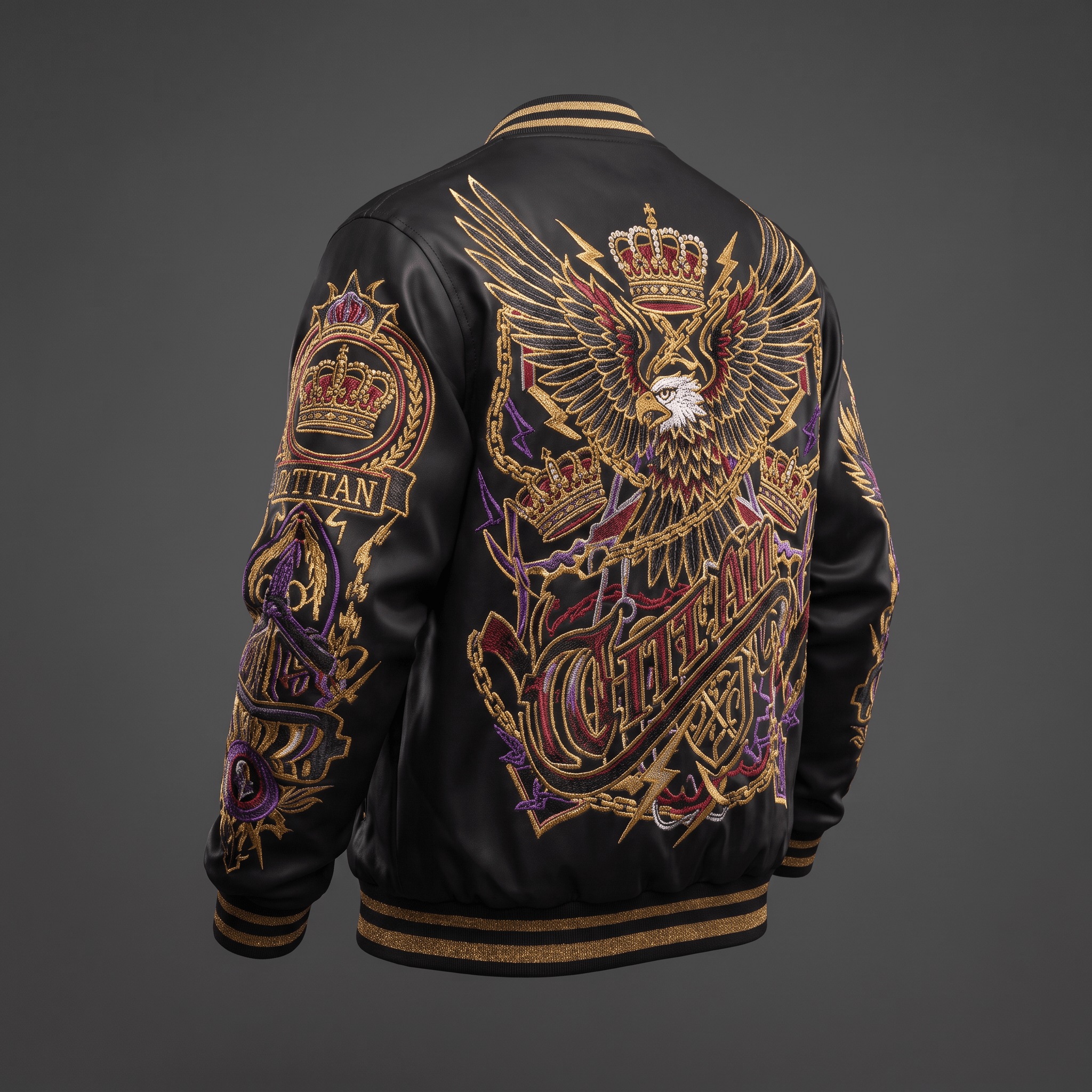 Back view of a black satin bomber jacket with intricate gold, red, and purple embroidery featuring an eagle and crowns.