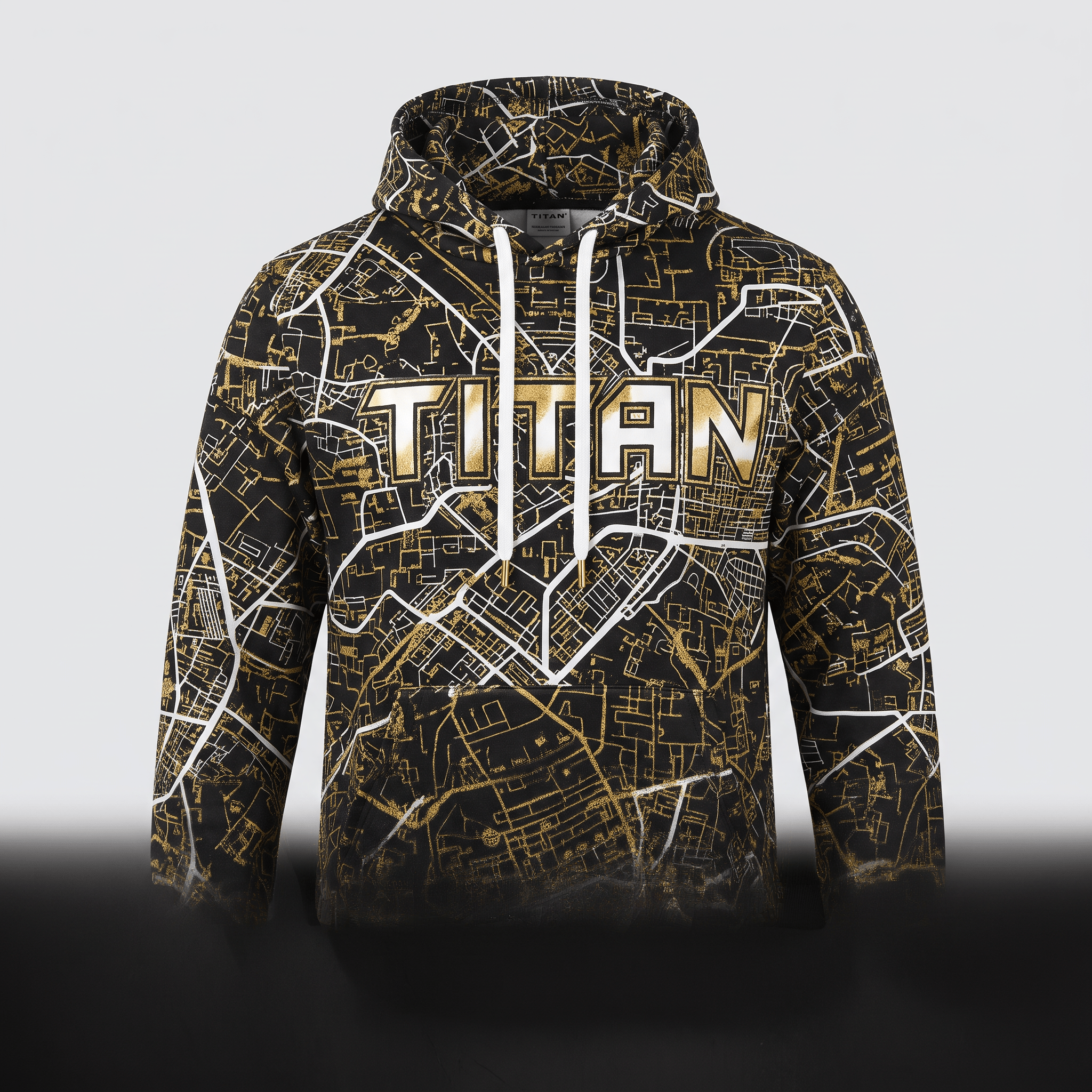 Black hoodie with a gold and white map print and large Titan text across the chest.